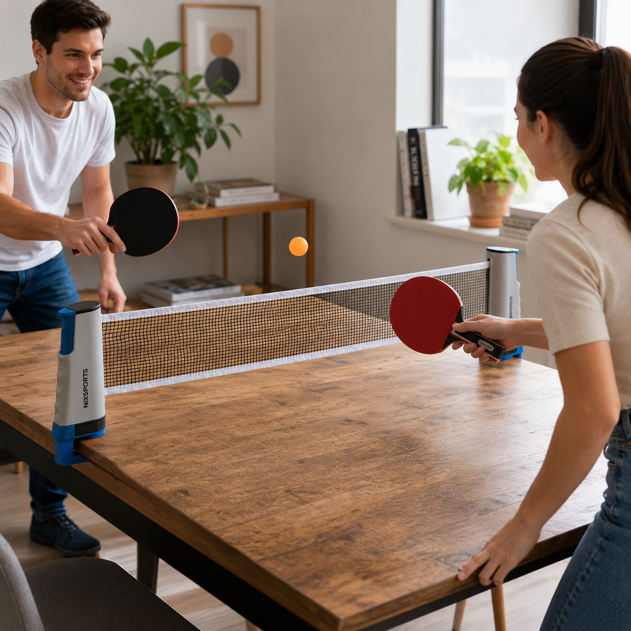 Una pareja juega al tenis de mesa en una mesa de madera, una pelota naranja vuela sobre la red.