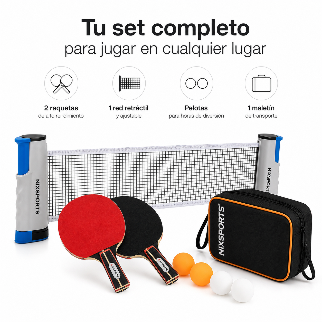 Set de ping-pong portátil con red, dos palas, cuatro pelotas y bolso.