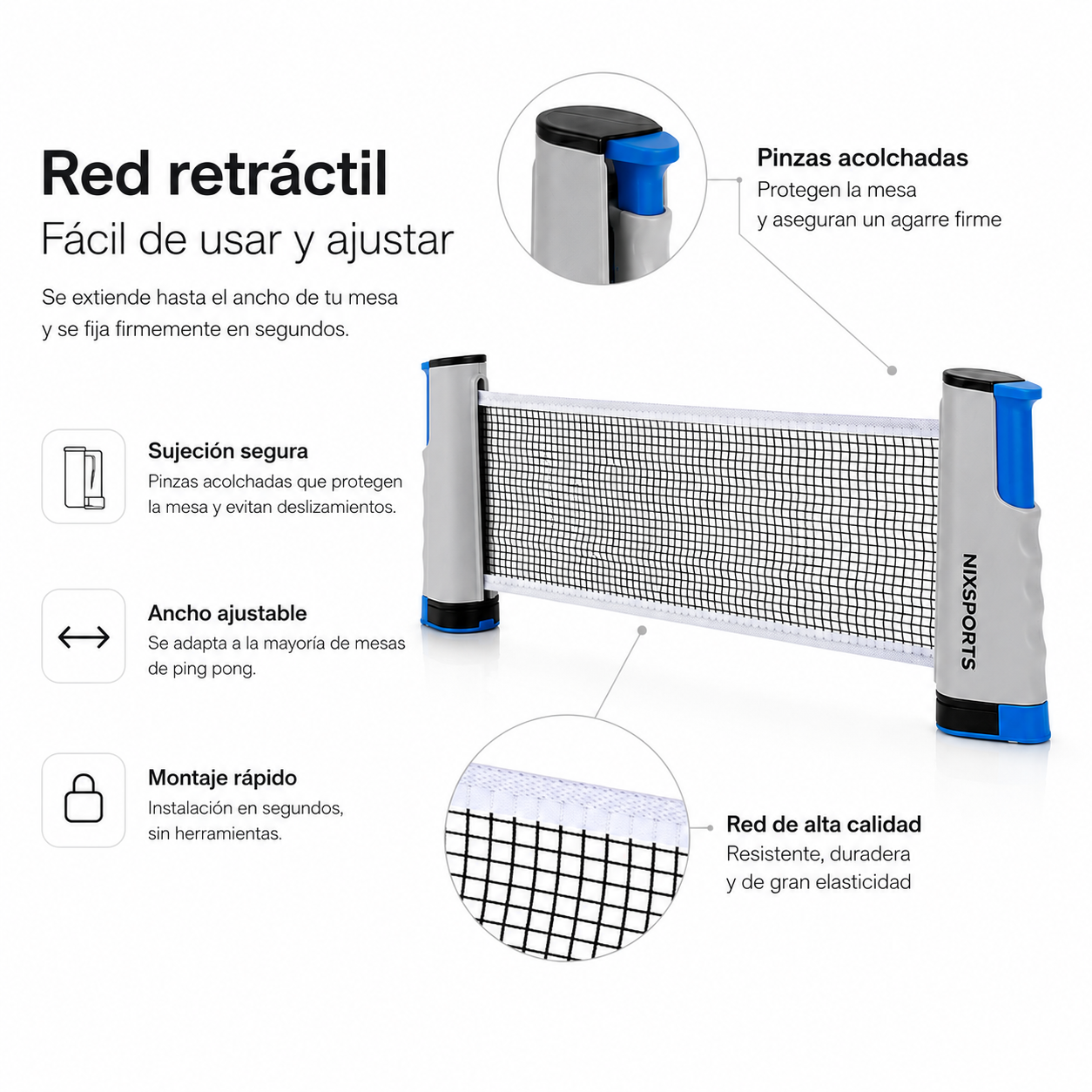 Red de ping-pong retráctil con postes grises, detalles azules y vistas en primer plano de las pinzas acolchadas y la red.