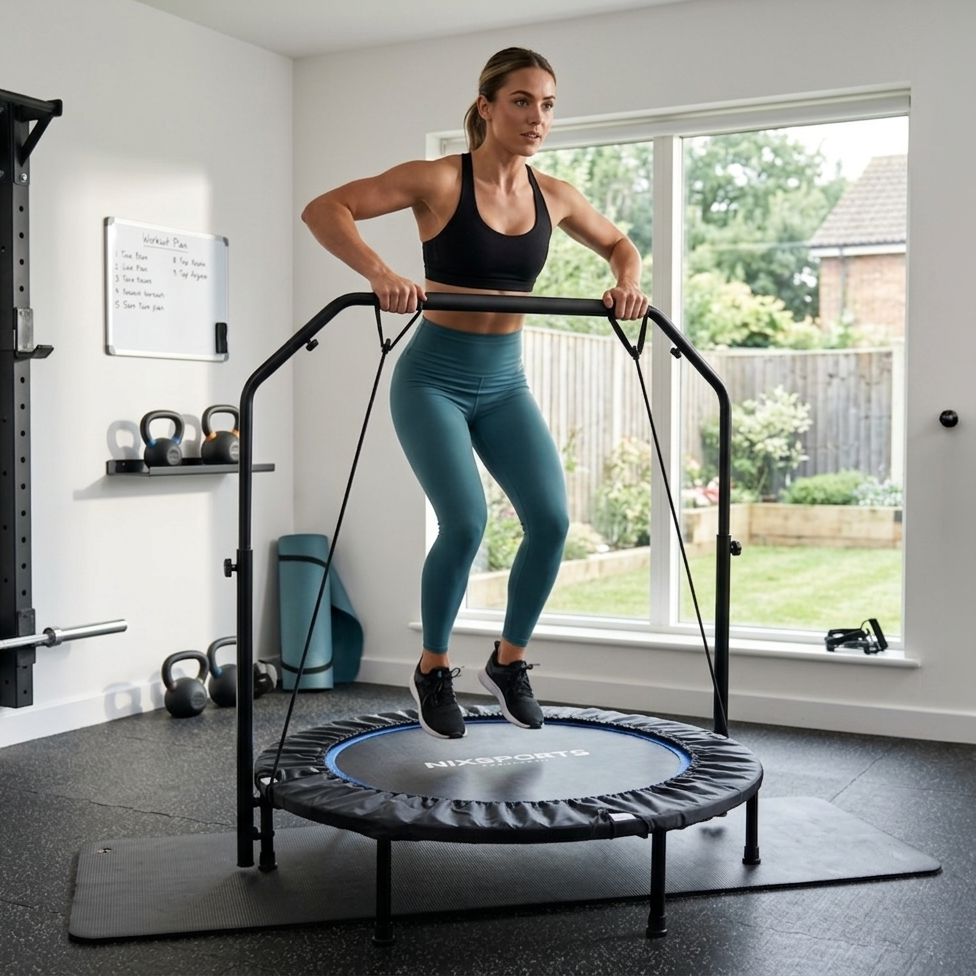 Una mujer con top deportivo y mallas azules salta en un pequeño trampolín de fitness con manillar en un gimnasio luminoso.