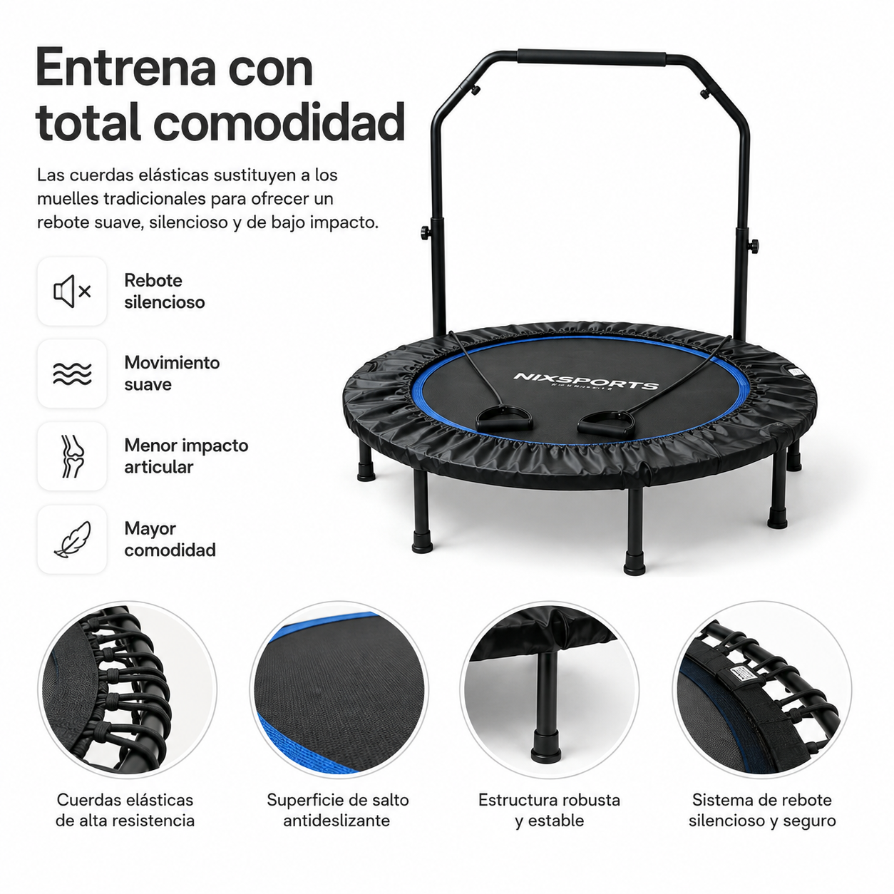 Un trampolín de fitness negro con manillar, cuerdas elásticas y cuatro detalles con texto en español.