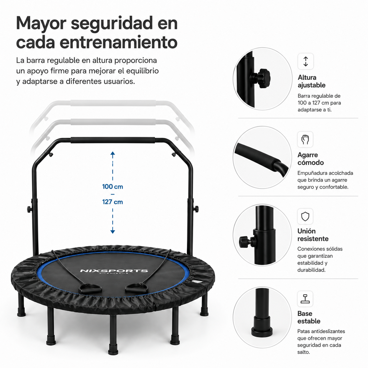 Un trampolín de fitness con barra de seguridad ajustable, bandas de resistencia y detalles de funciones.