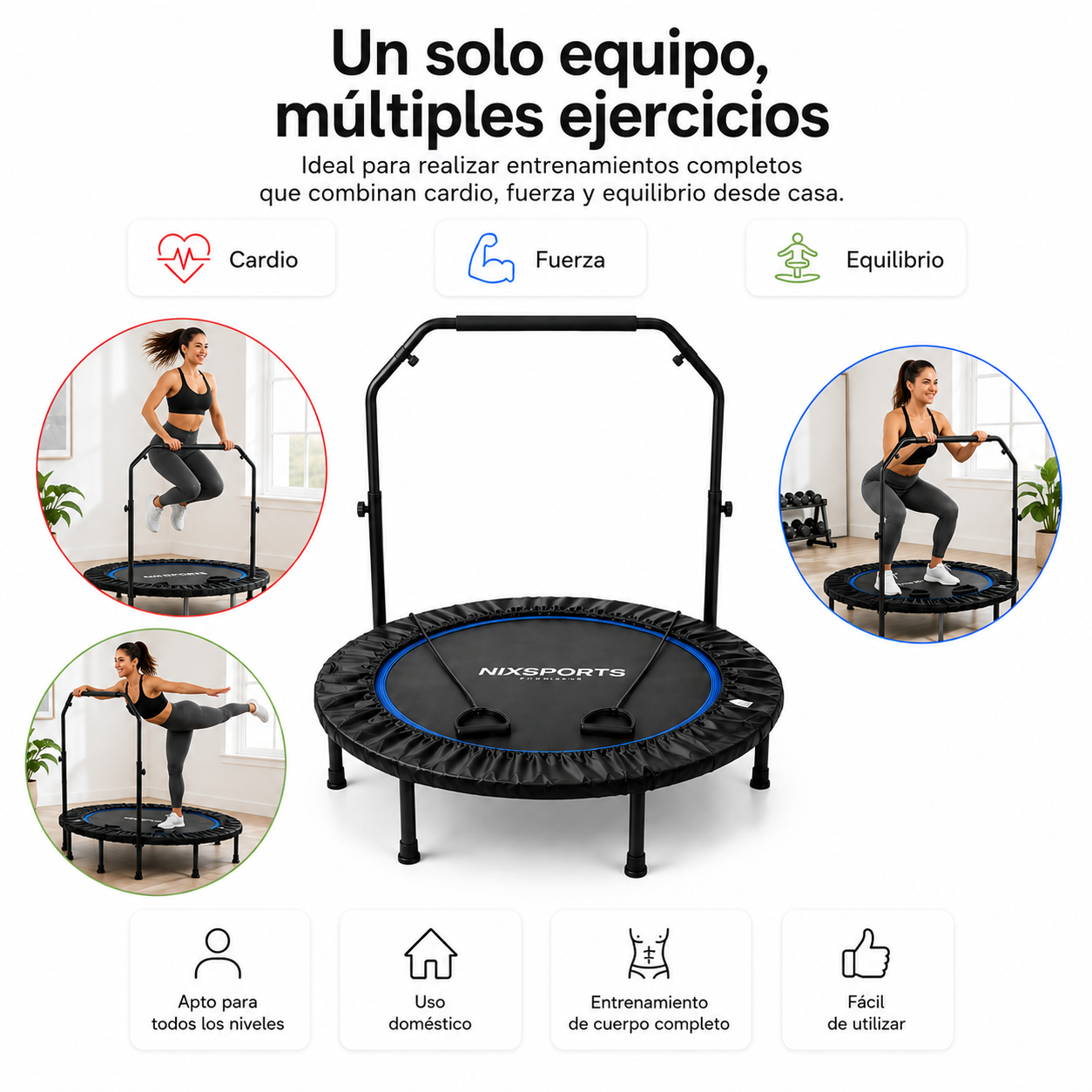 Un trampolín de fitness negro con asas, mostrado con fotos de acción que ilustran ejercicios de cardio, fuerza y equilibrio.