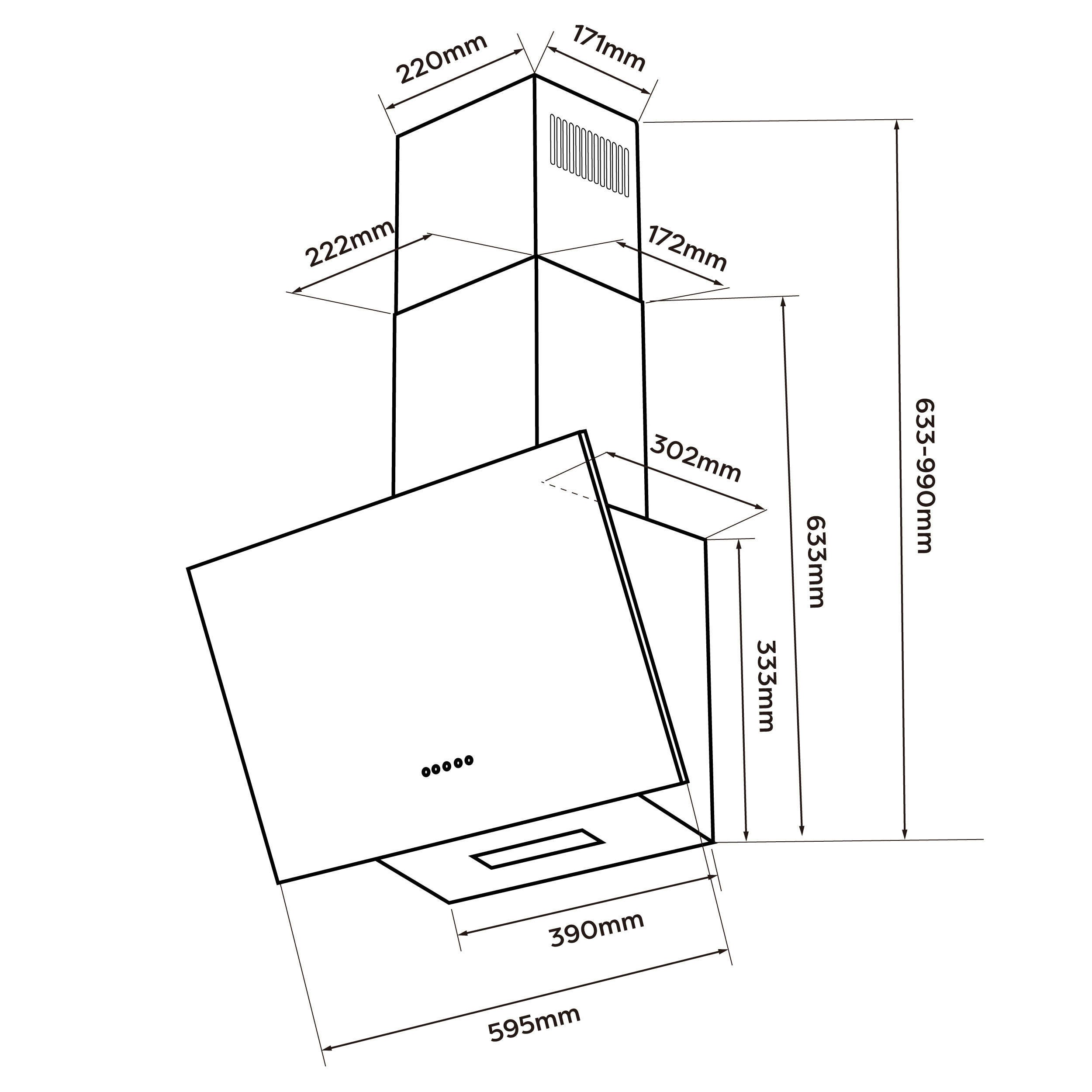 Disegno tecnico di una moderna cappa da cucina con dimensioni in millimetri.