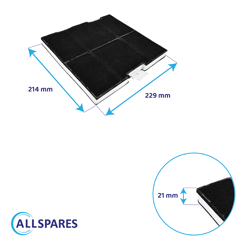 Filtro a carbone nero con dimensioni di 214x229x21 mm su sfondo bianco.