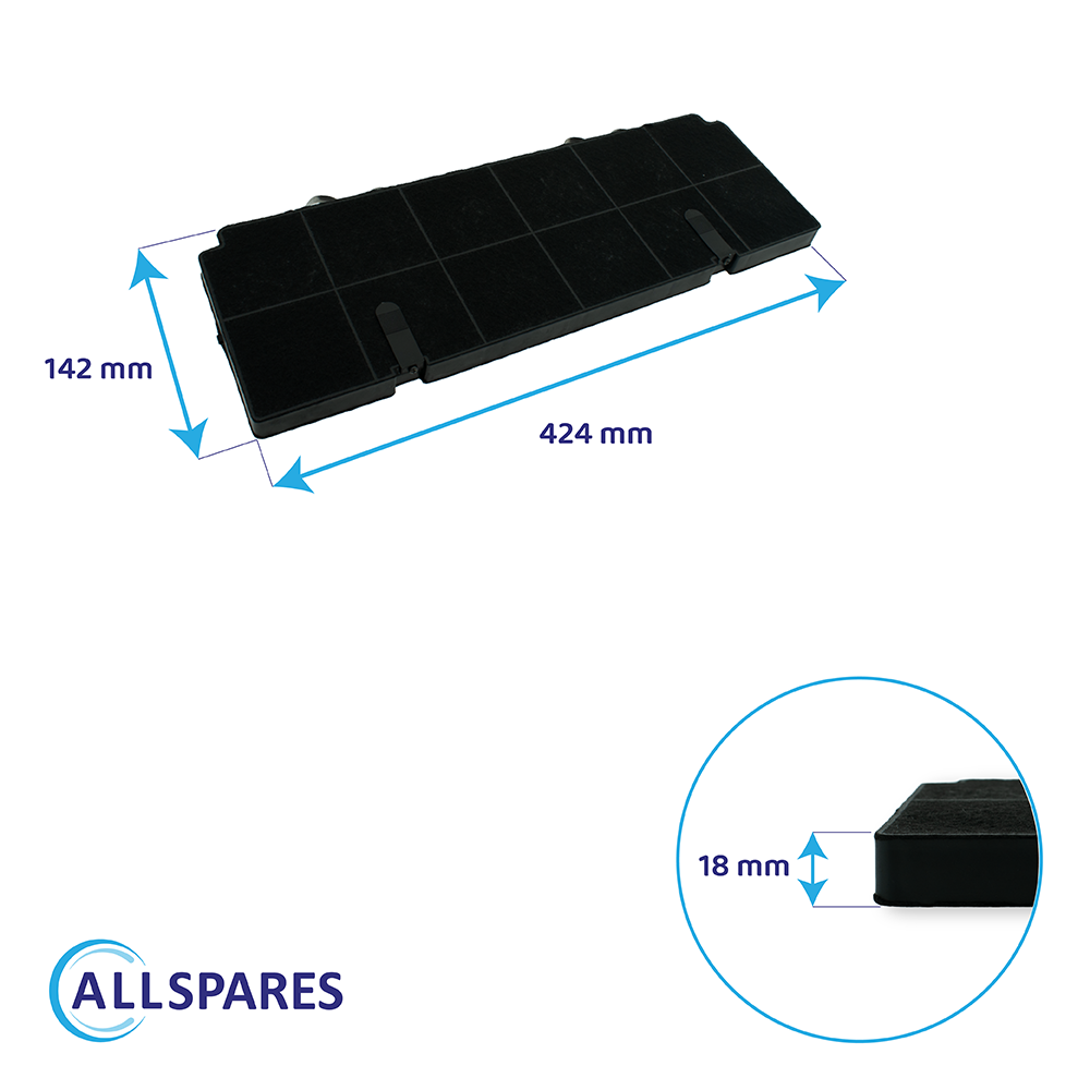 Filtro a carboni attivi nero con dimensioni 424 x 142 x 18 mm e logo Allspares.