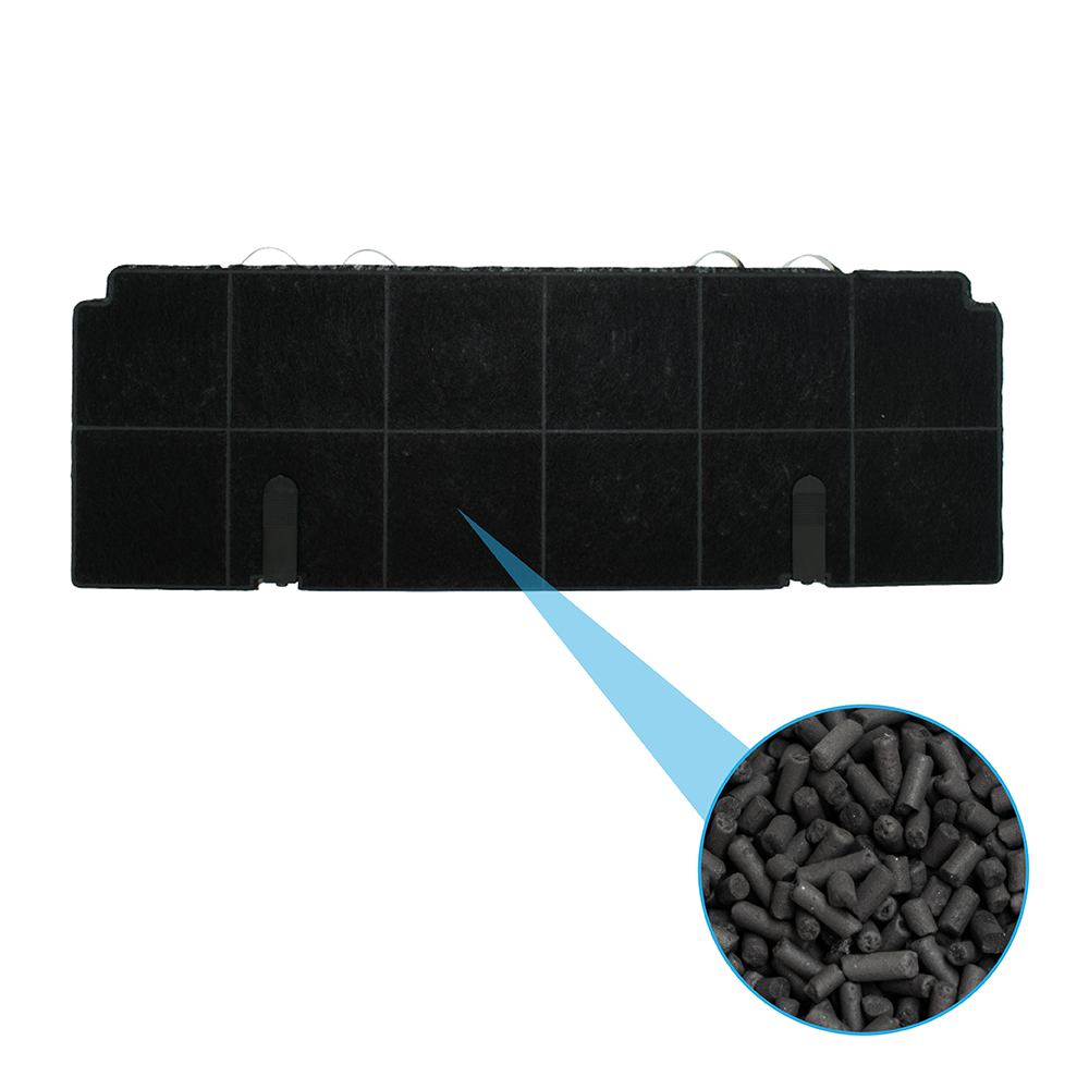Filtro a carbone attivo nero con un dettaglio ingrandito di piccoli pellet.