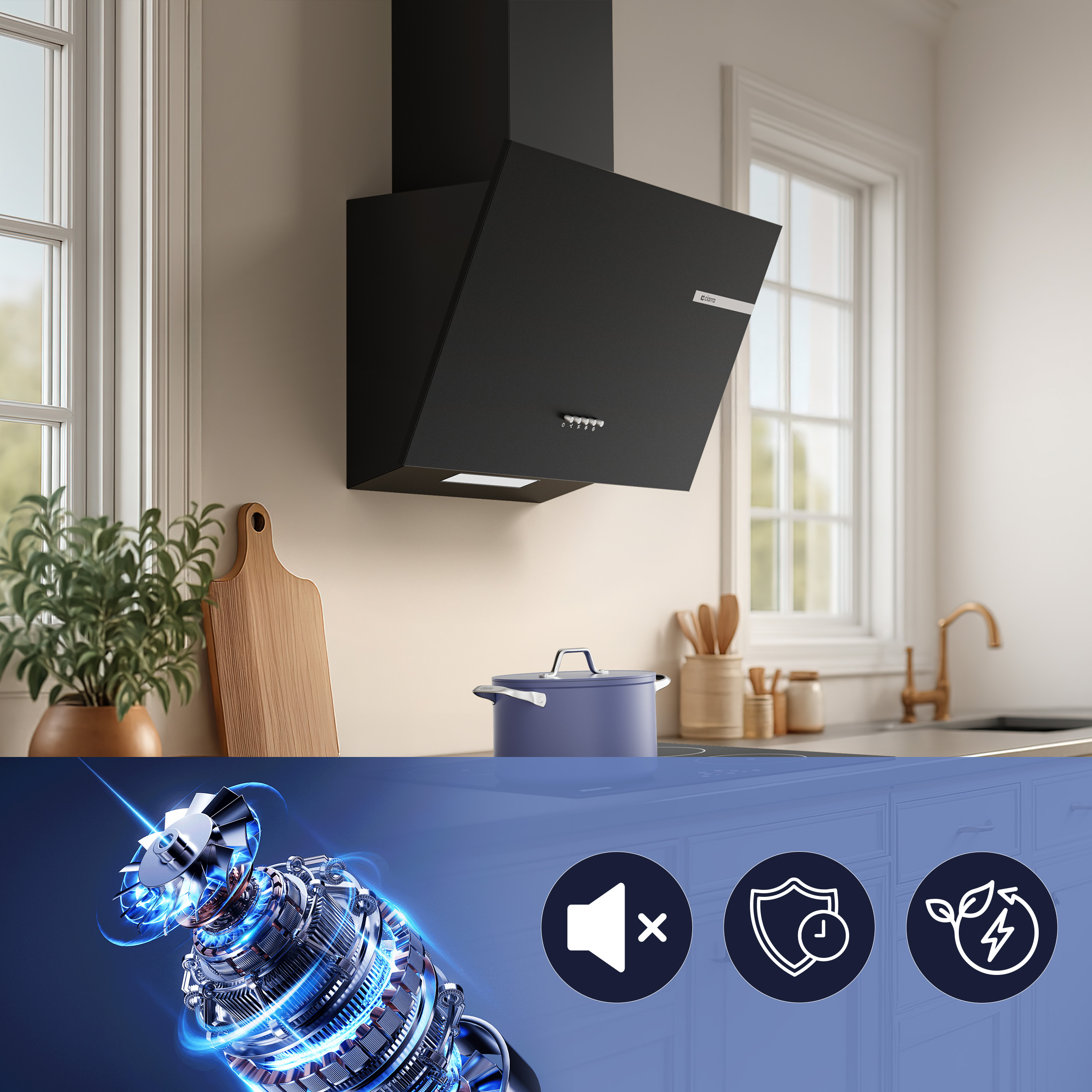 Campana extractora negra en cocina con gráfico de motor e iconos de funciones.