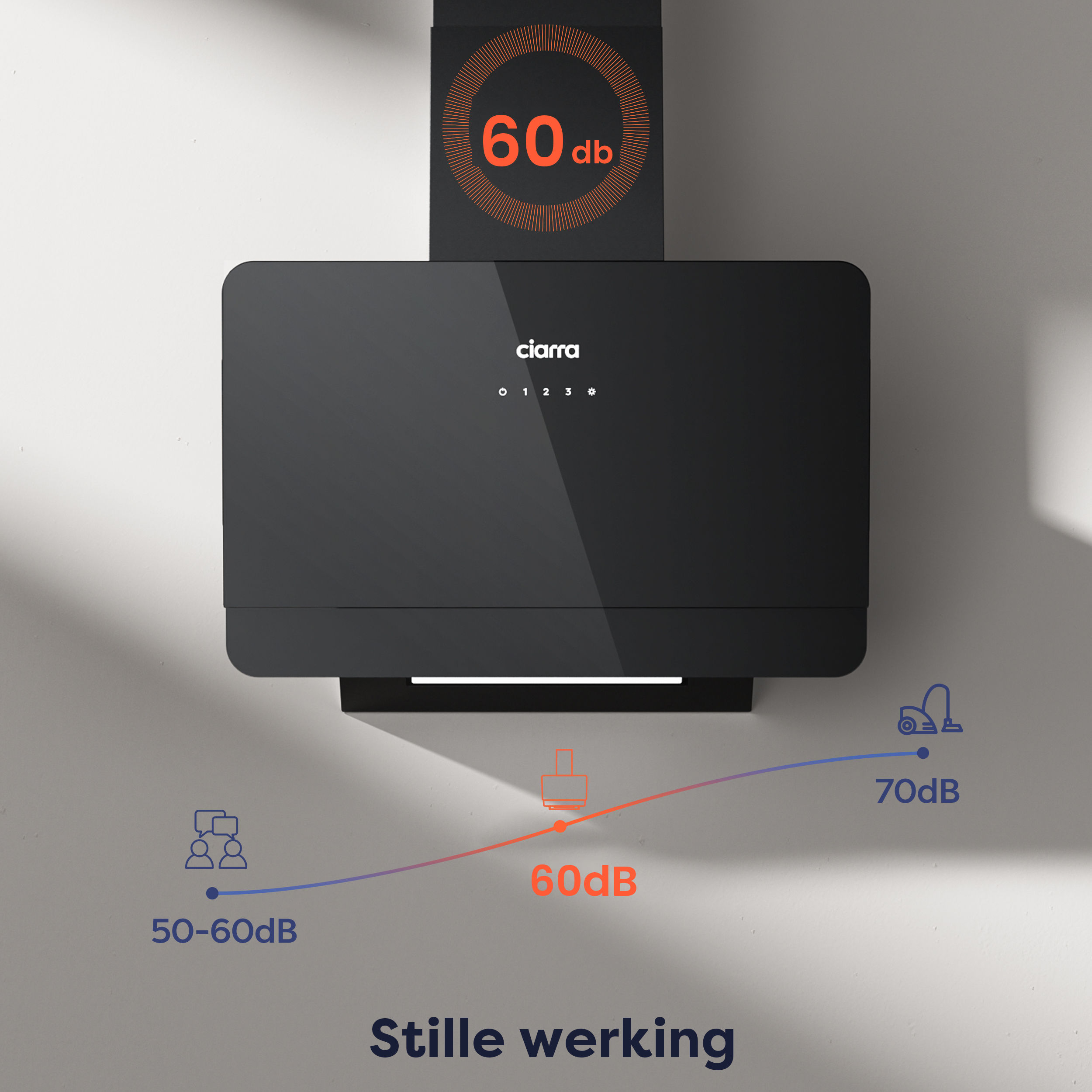 Eine schwarze Ciarra Dunstabzugshaube an einer hellen Wand mit einer 60 dB Geräuschpegelgrafik und einer Vergleichstabelle.