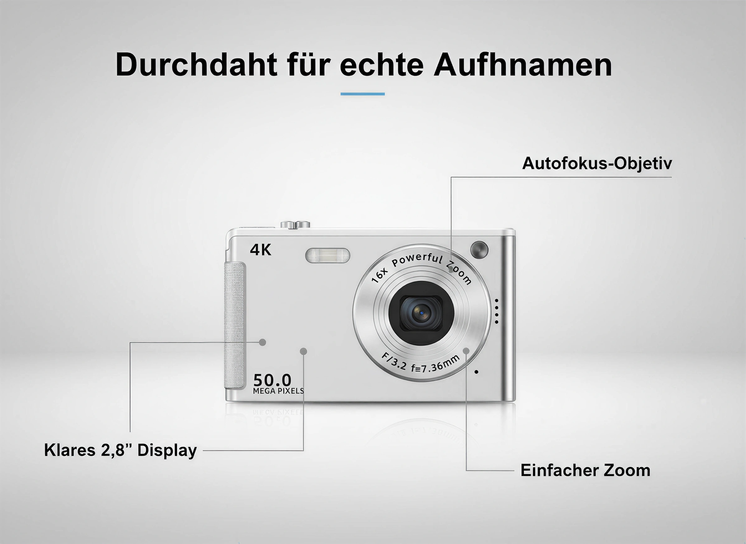 Eine silberne Digitalkamera mit 4K, 50 Megapixeln, Autofokus und Zoom auf grauem Hintergrund.