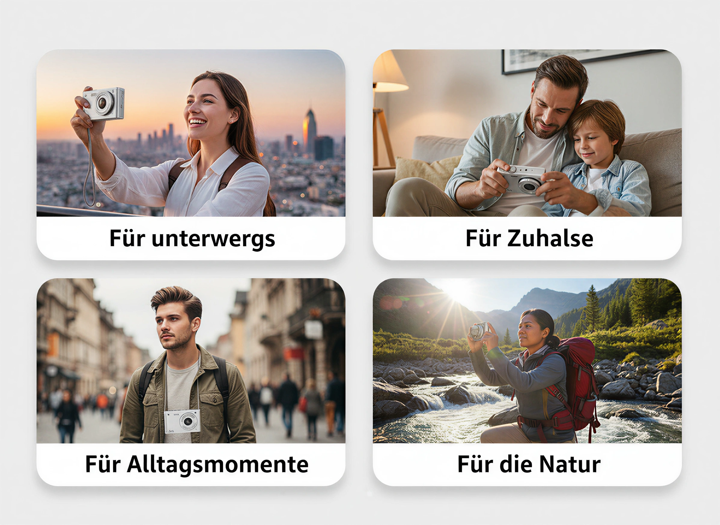 Vier Bilder von Personen mit einer Kompaktkamera unterwegs, zu Hause, in der Stadt und Natur.