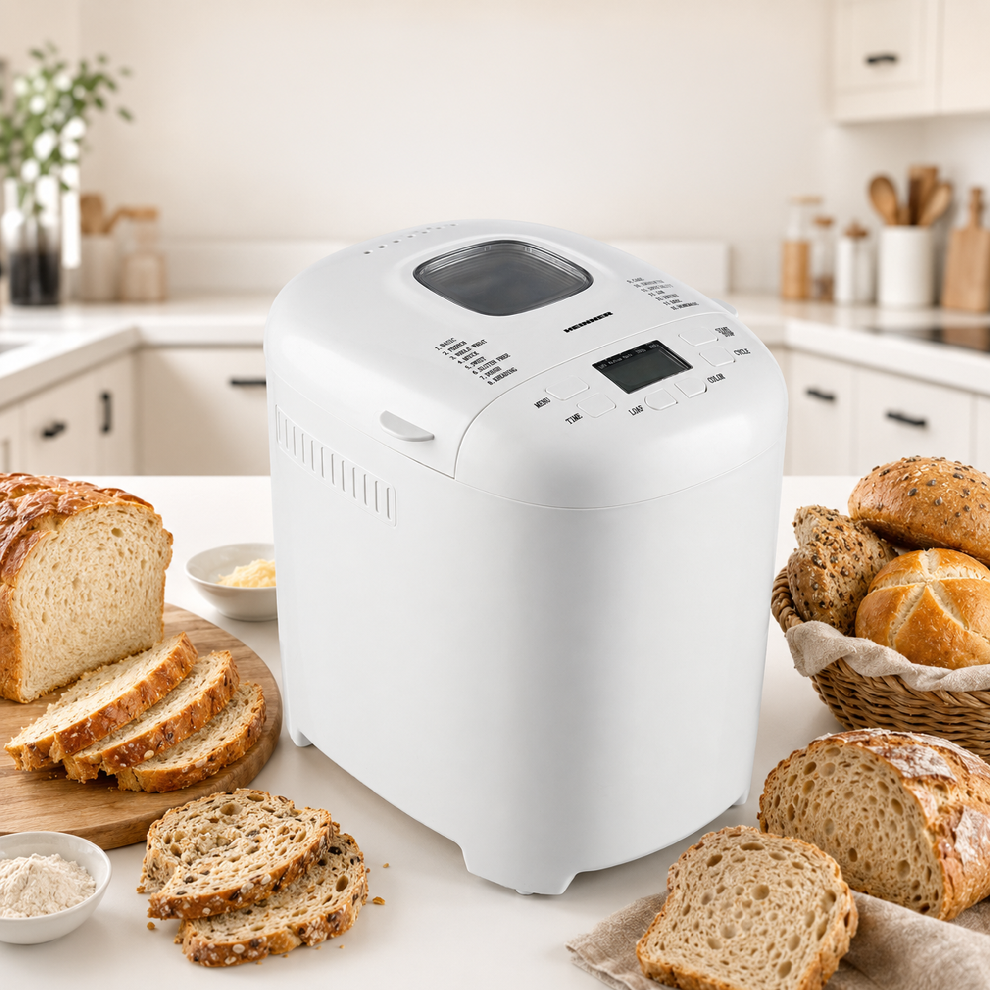 Ein weißer Brotbackautomat auf einer Küchentheke, umgeben von geschnittenem und ganzem Brot in einer Körbchen.