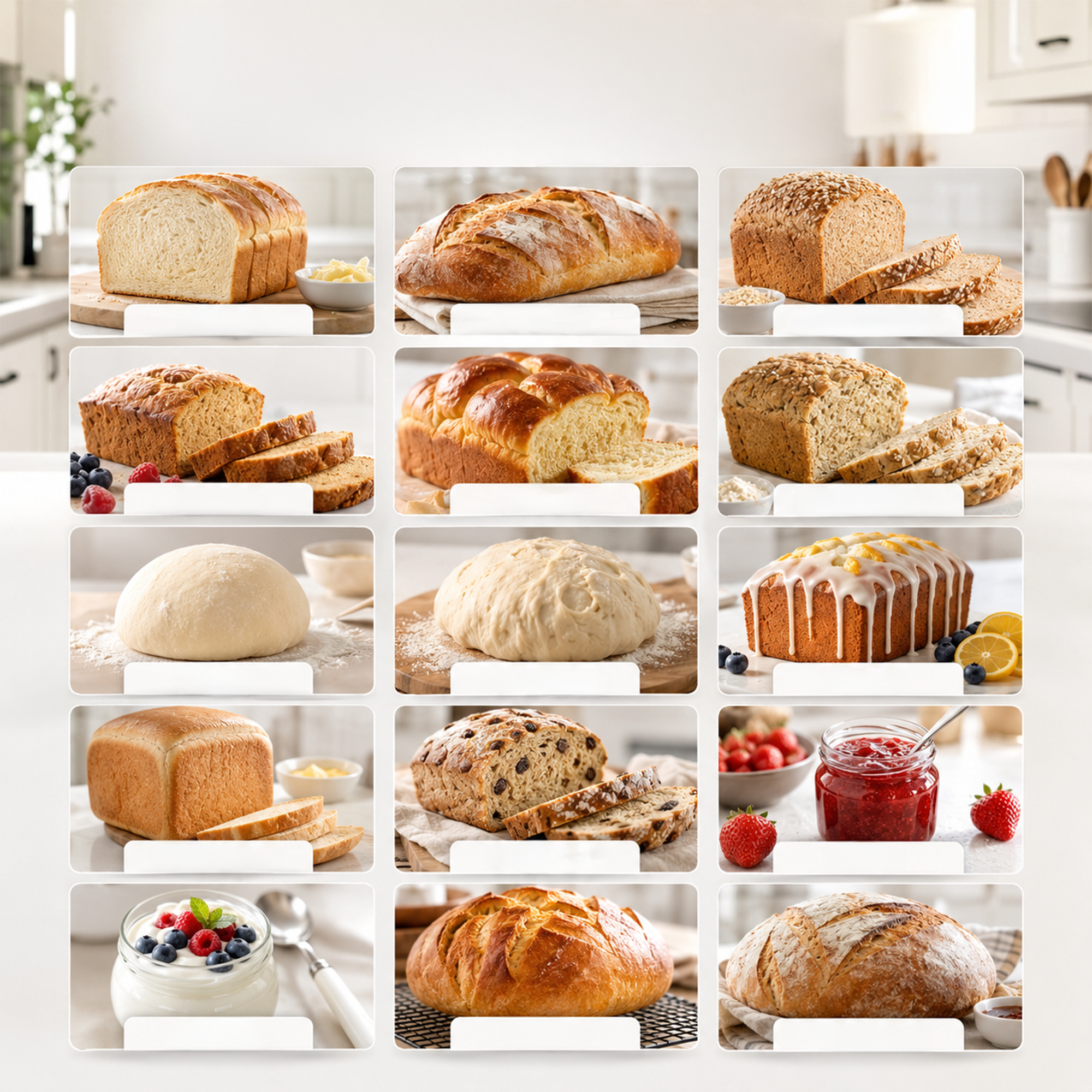 Eine Collage mit verschiedenen Brotsorten, Teig und Backzutaten in einer hellen Küche.