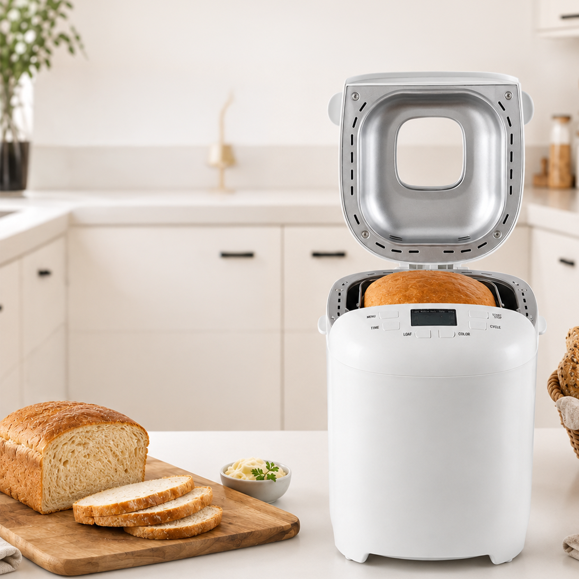 Ein weißer Brotbackautomat mit offenem Deckel und frisch gebackenem Brot steht in einer Küche neben geschnittenem Brot.