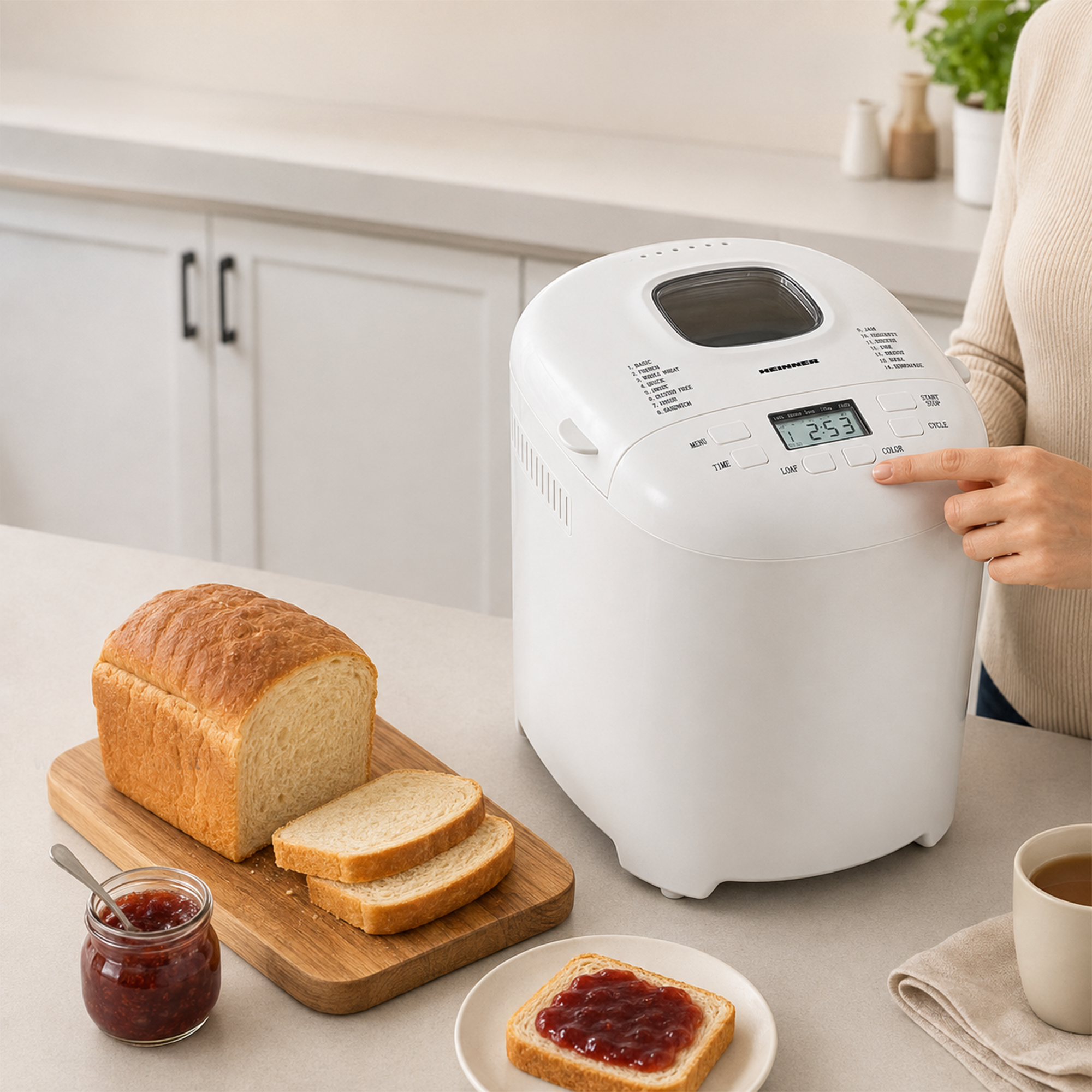 Person bedient weißen Brotbackautomaten neben Brot, Marmelade und Tasse auf Küchentheke.