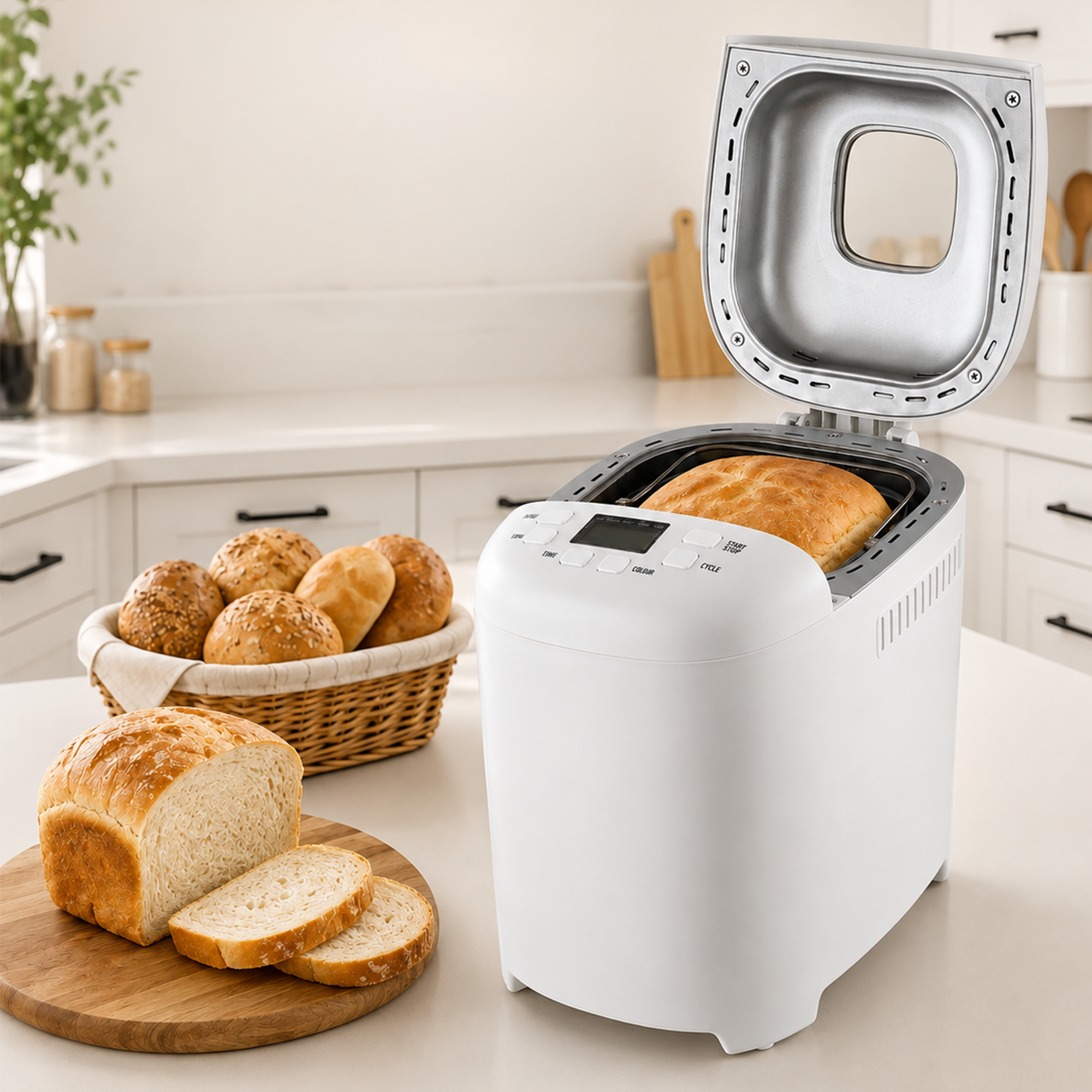 Ein weißer Brotbackautomat steht auf einer Küchenzeile, daneben ein geschnittenes Brot und ein Korb mit Brötchen.