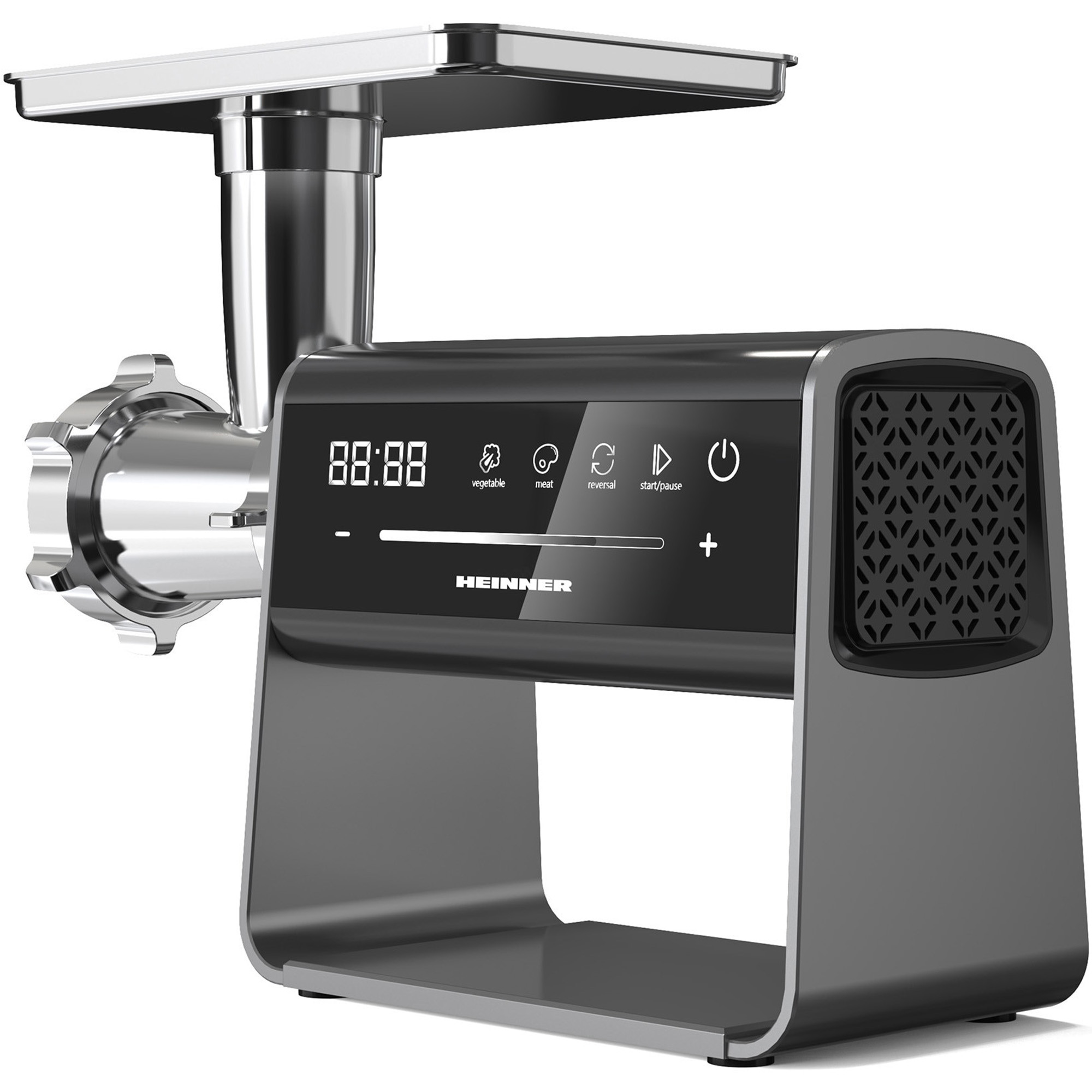 Moderne graue und silberne Fleischwolfmaschine mit digitalem Display und Touch-Bedienfeld vor weißem Hintergrund.