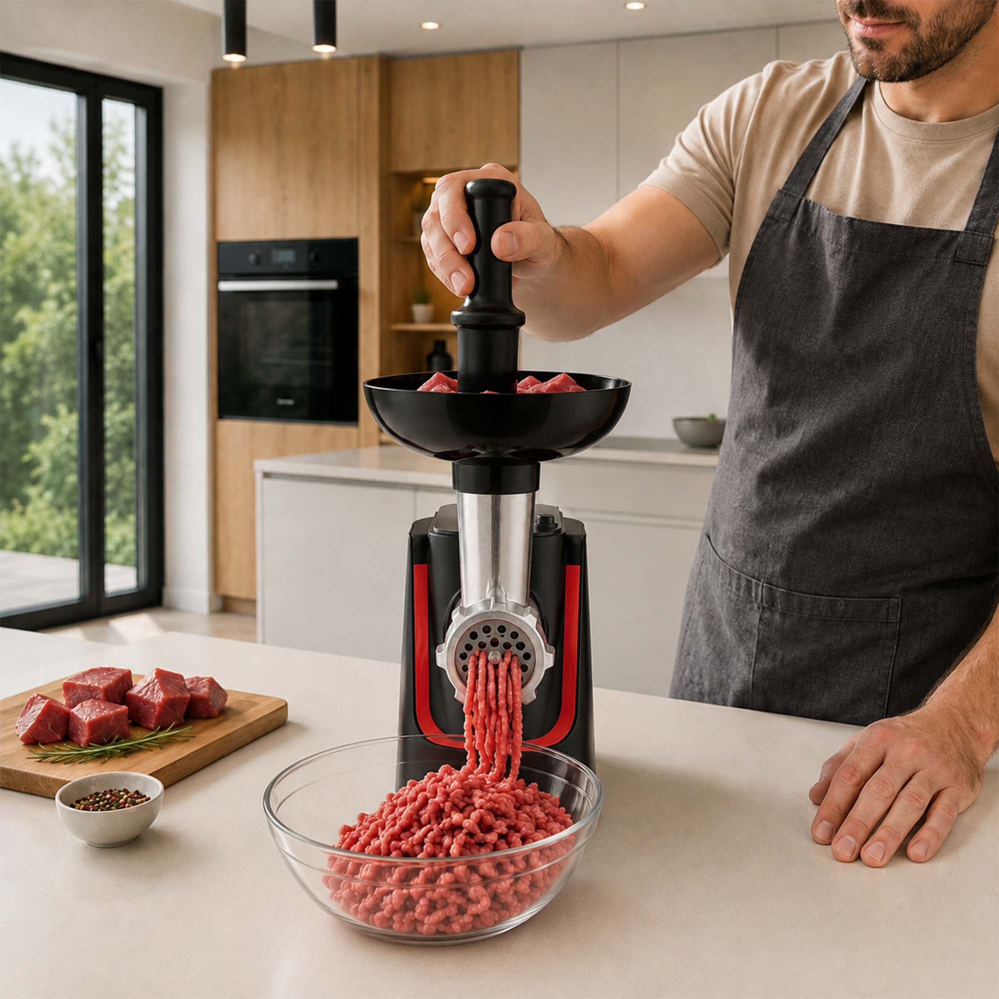 Ein Koch nutzt einen elektrischen Fleischwolf in einer modernen Küche, um Hackfleisch in eine Schüssel zu füllen.