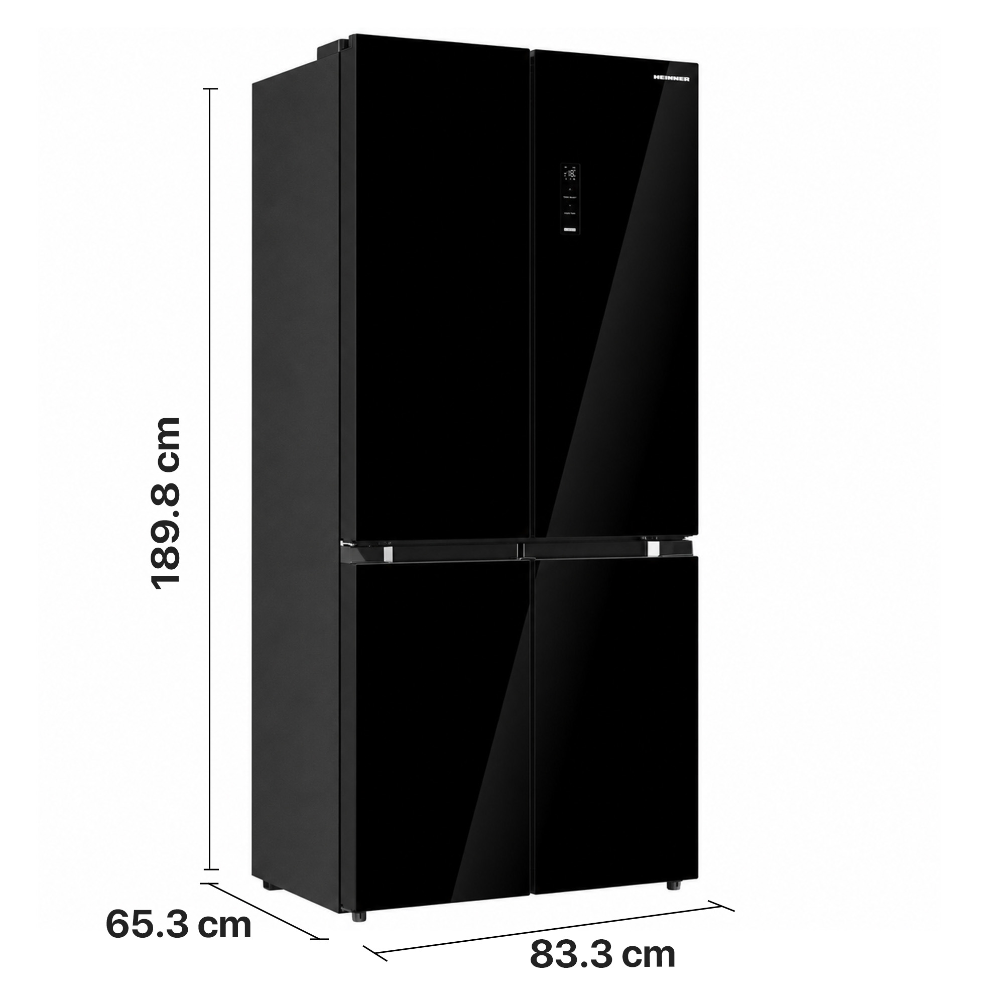 Black four-door refrigerator with dimensions 189.8 x 83.3 x 65.3 cm on a white background.