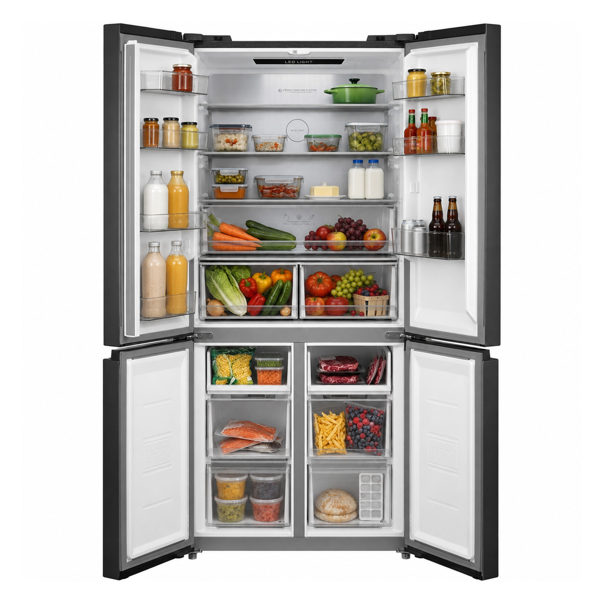 An open multi-door refrigerator filled with fresh produce, bottles, jars, and frozen foods on shelves and drawers.