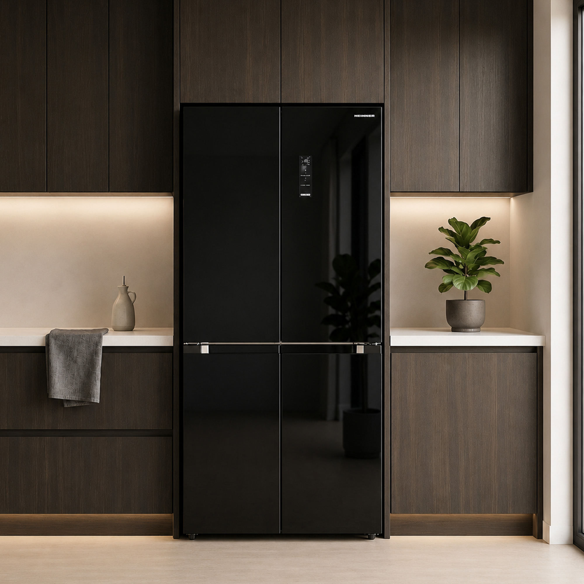 Modern black four-door Heinner fridge-freezer set within dark wooden cabinets and light countertops.