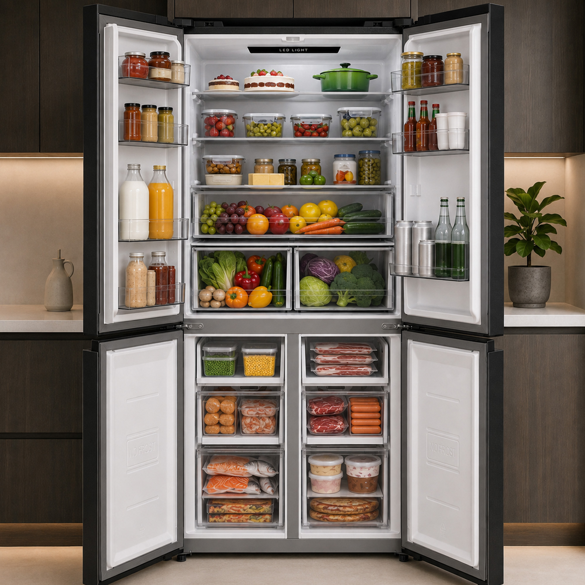An open, well-stocked modern refrigerator filled with fresh produce, vegetables, beverages, and containers.