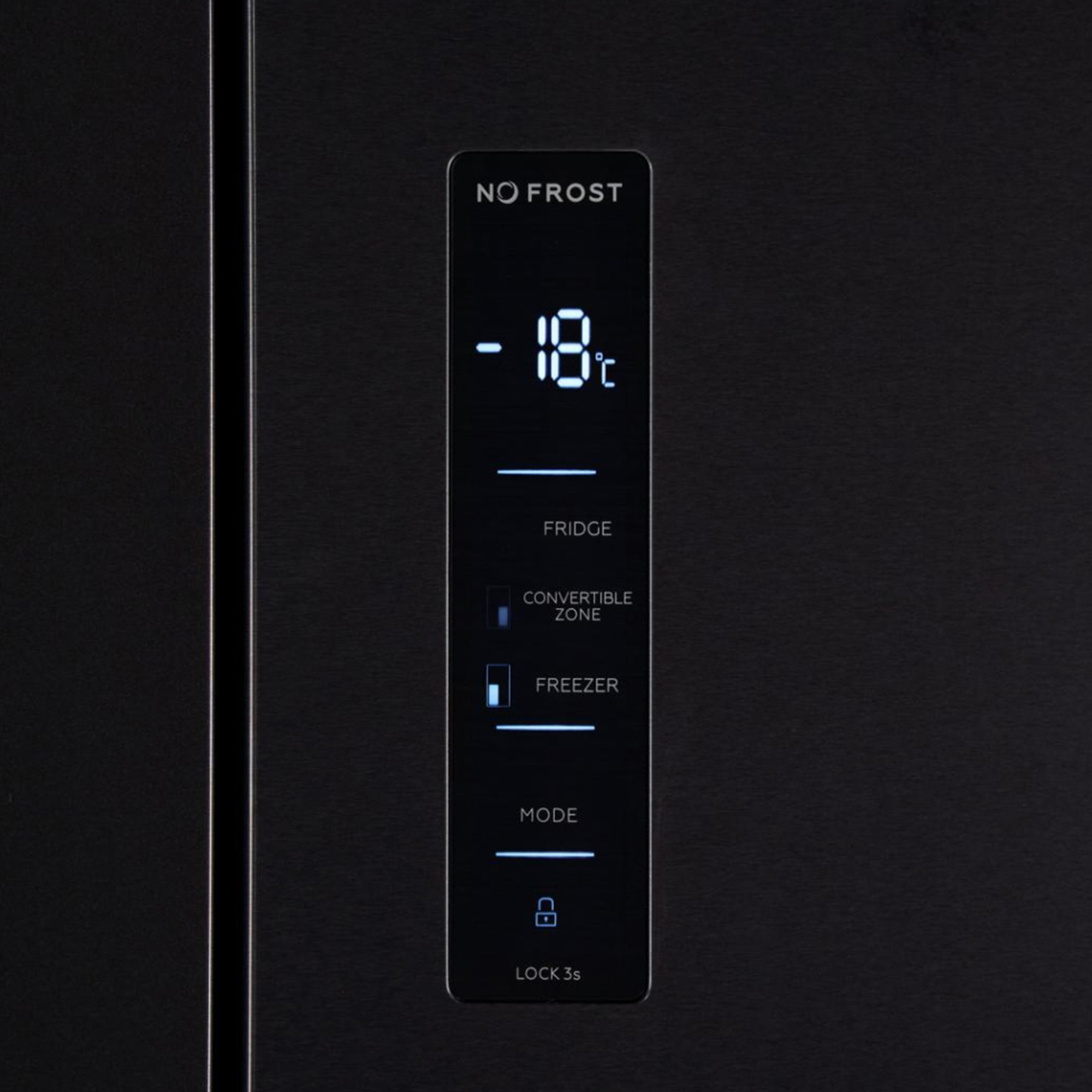 Digital LED display on a black refrigerator showing temperature and control settings.