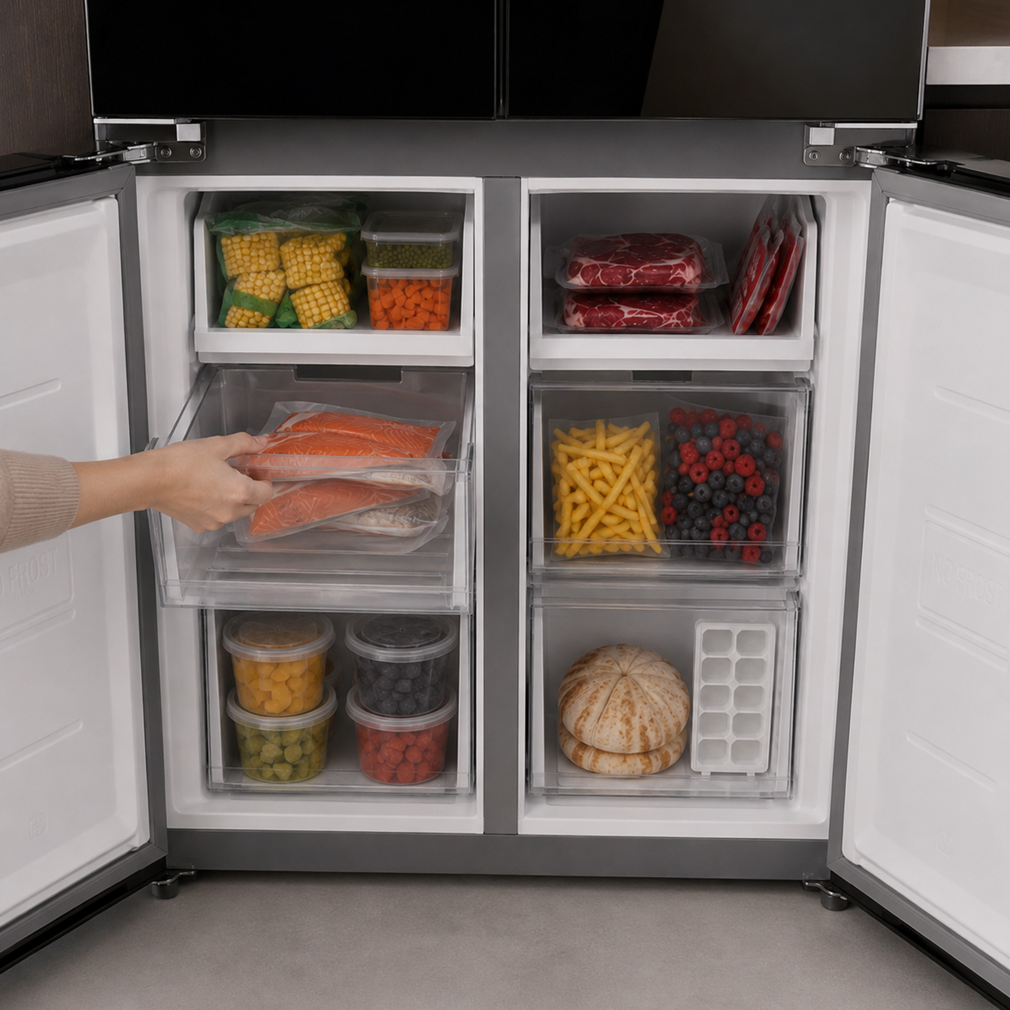 Congélateur ouvert rempli de divers aliments dans des tiroirs, une main attrapant du saumon.