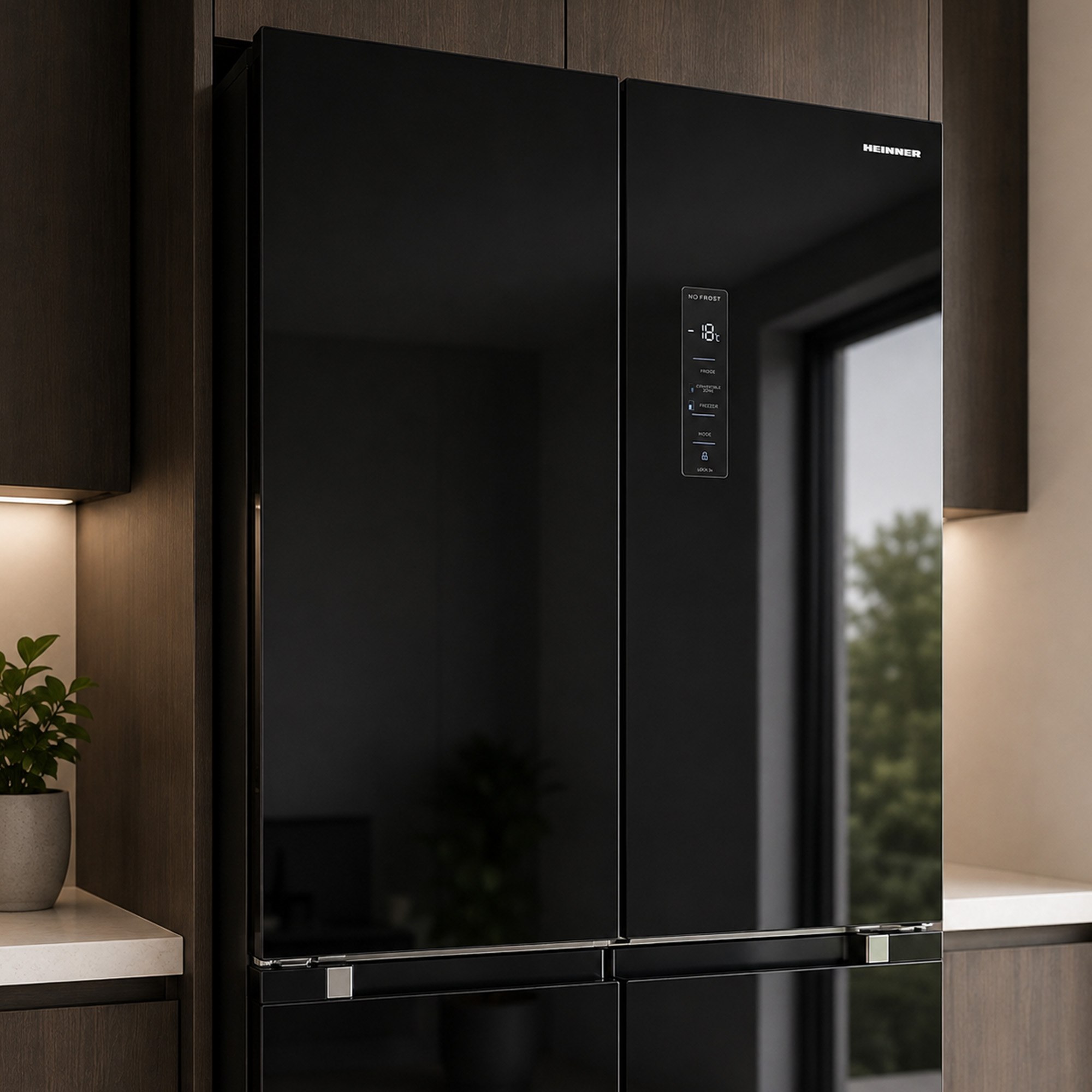 A black modern four-door refrigerator is built into dark wood kitchen cabinetry.