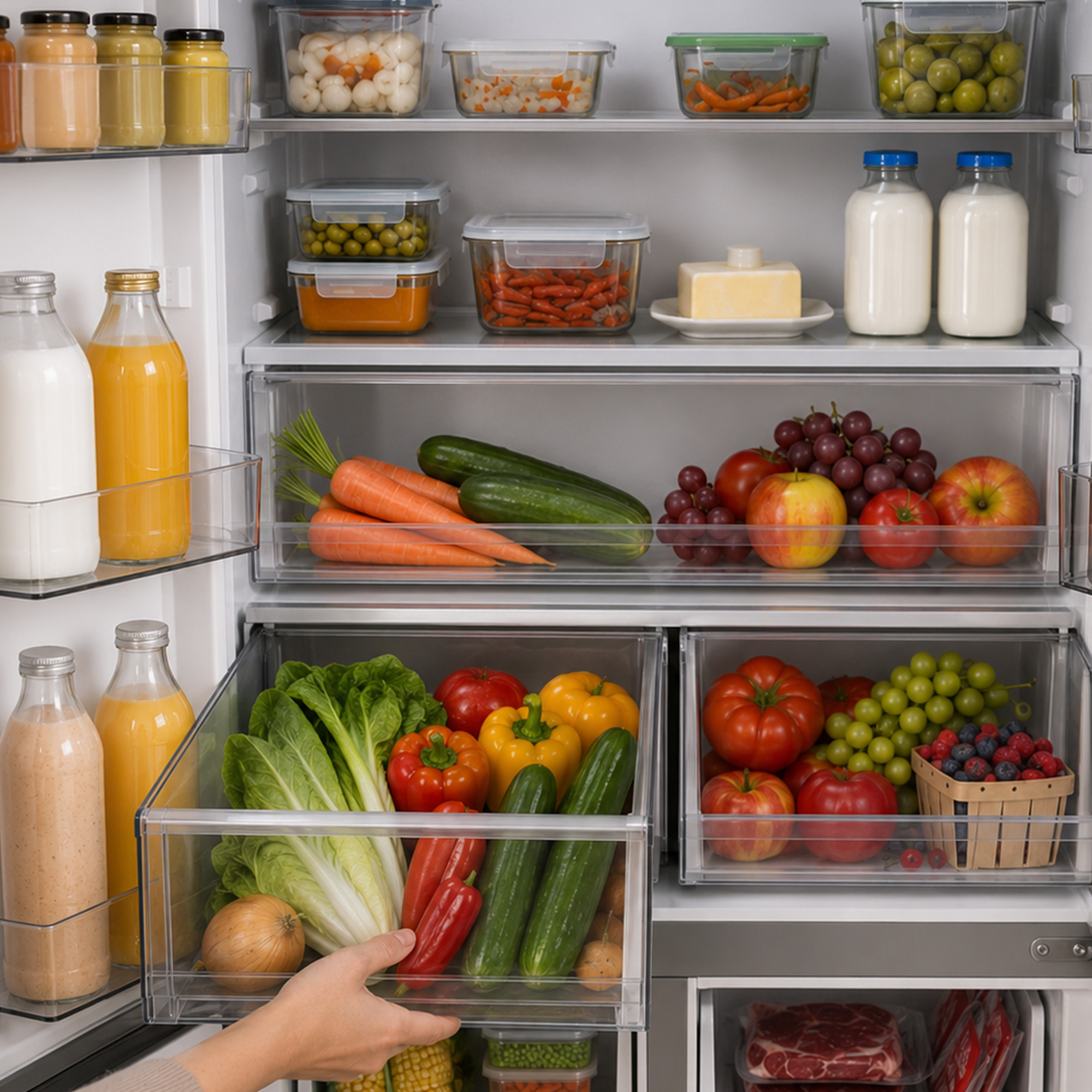 A well-stocked refrigerator with fresh vegetables, fruits, dairy products, and food stored in containers.