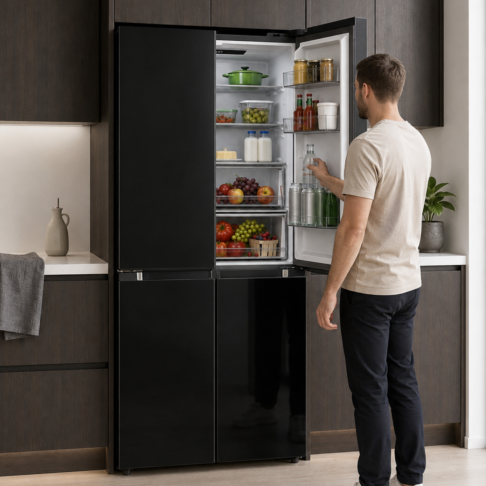 A man in a beige t-shirt and dark pants takes a bottle from an open modern black refrigerator in a kitchen.