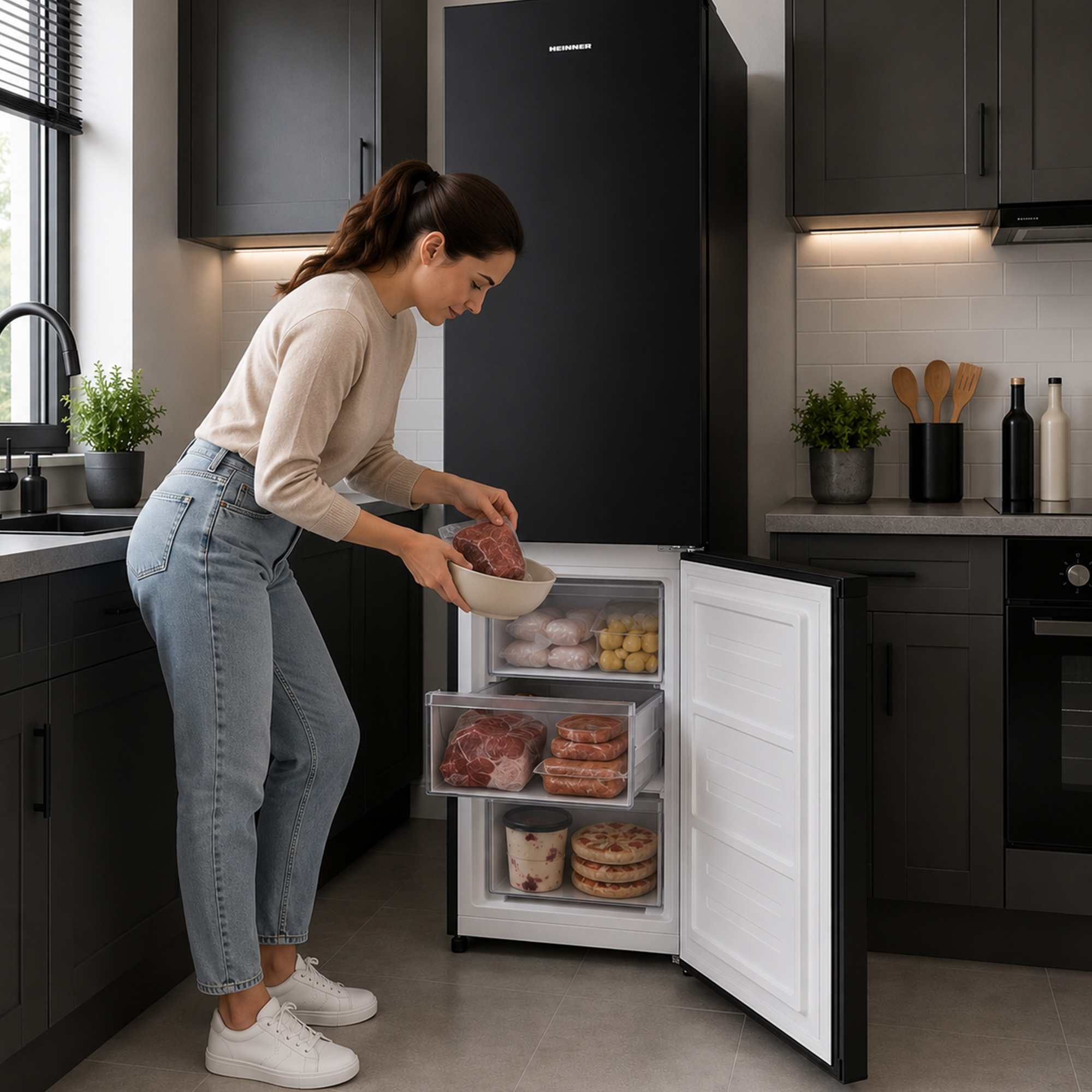 Een vrouw in een moderne zwarte keuken legt rauw vlees in de vriezer van een zwarte koelkast.