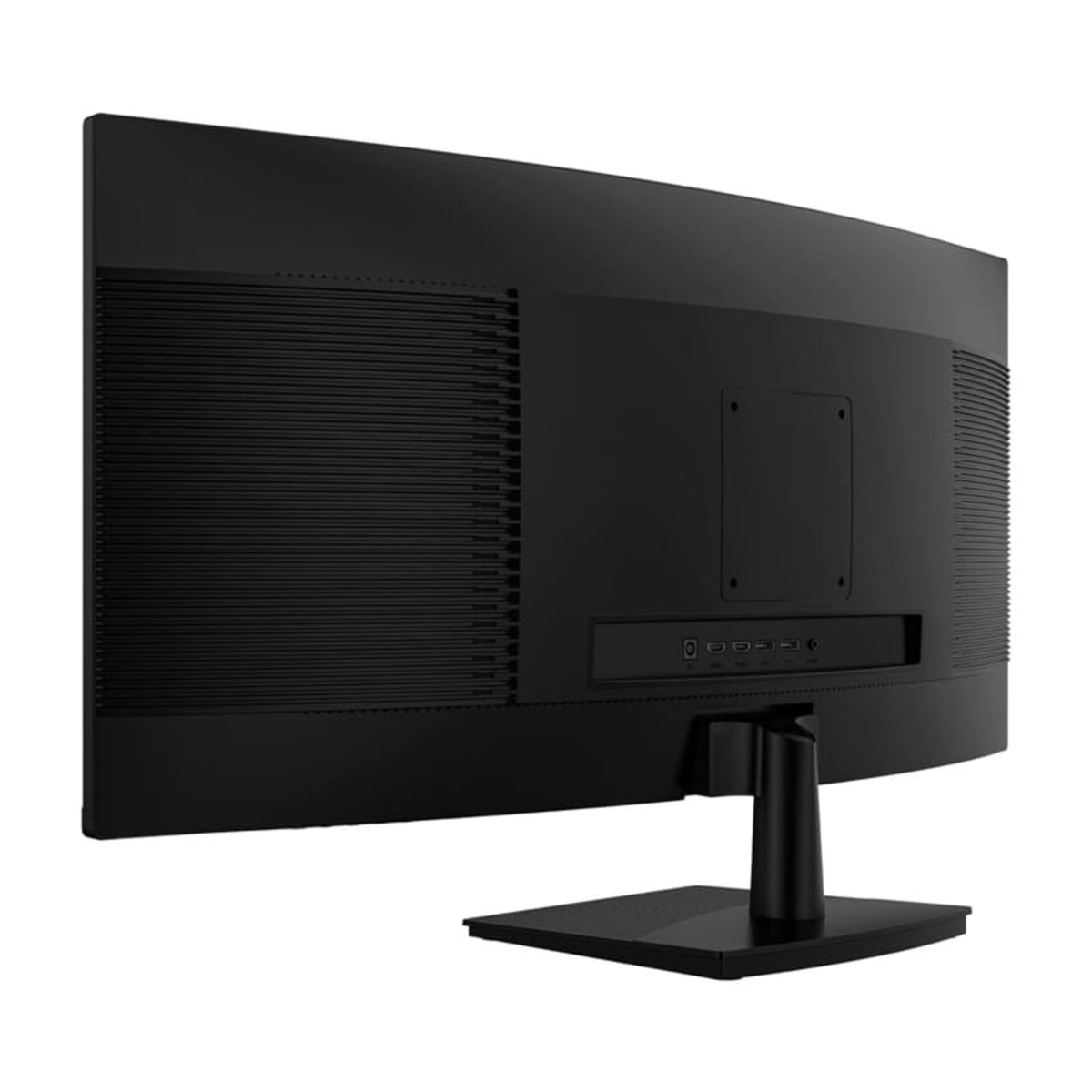 Vista posteriore di un monitor per computer curvo nero su supporto, con griglie di ventilazione e porte.