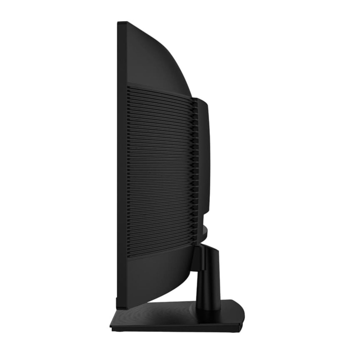 Vista laterale di un monitor per computer nero con retro curvo su supporto a sfondo bianco.
