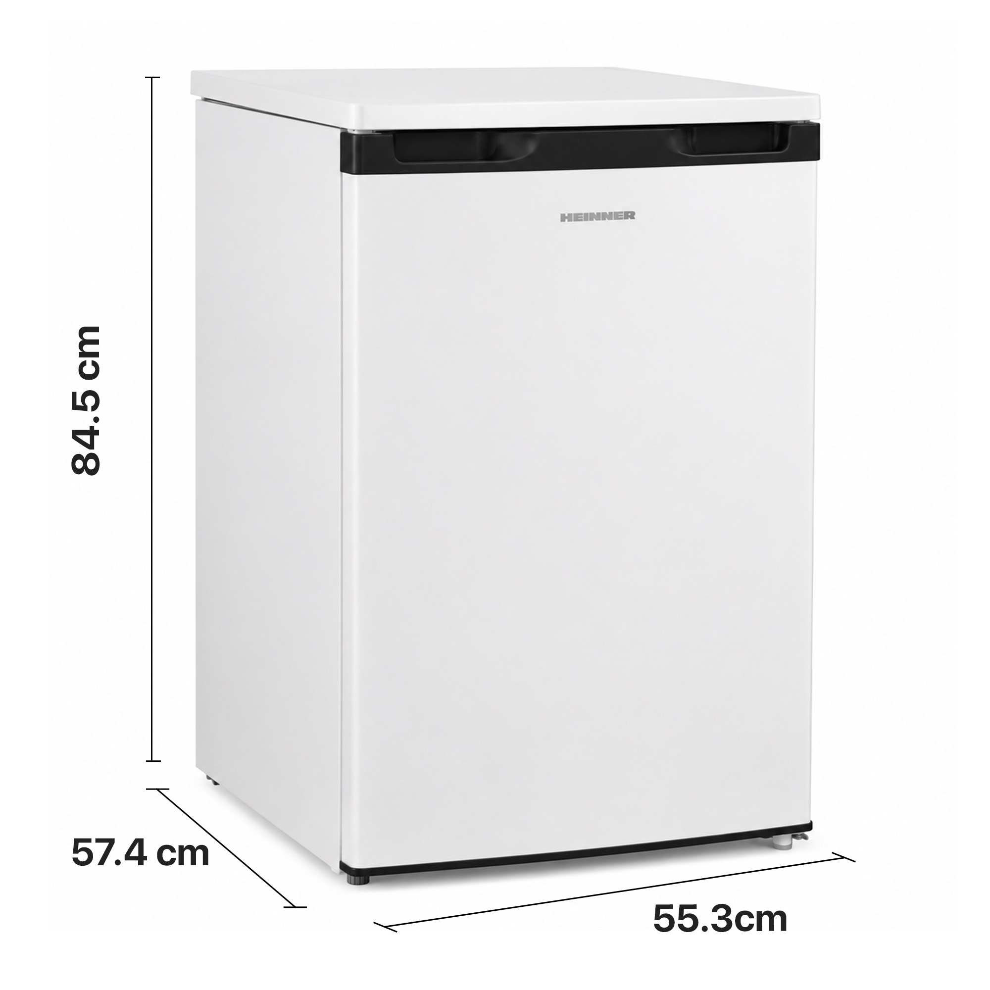 White compact refrigerator with black accents, measuring 84.5 by 55.3 by 57.4 cm.