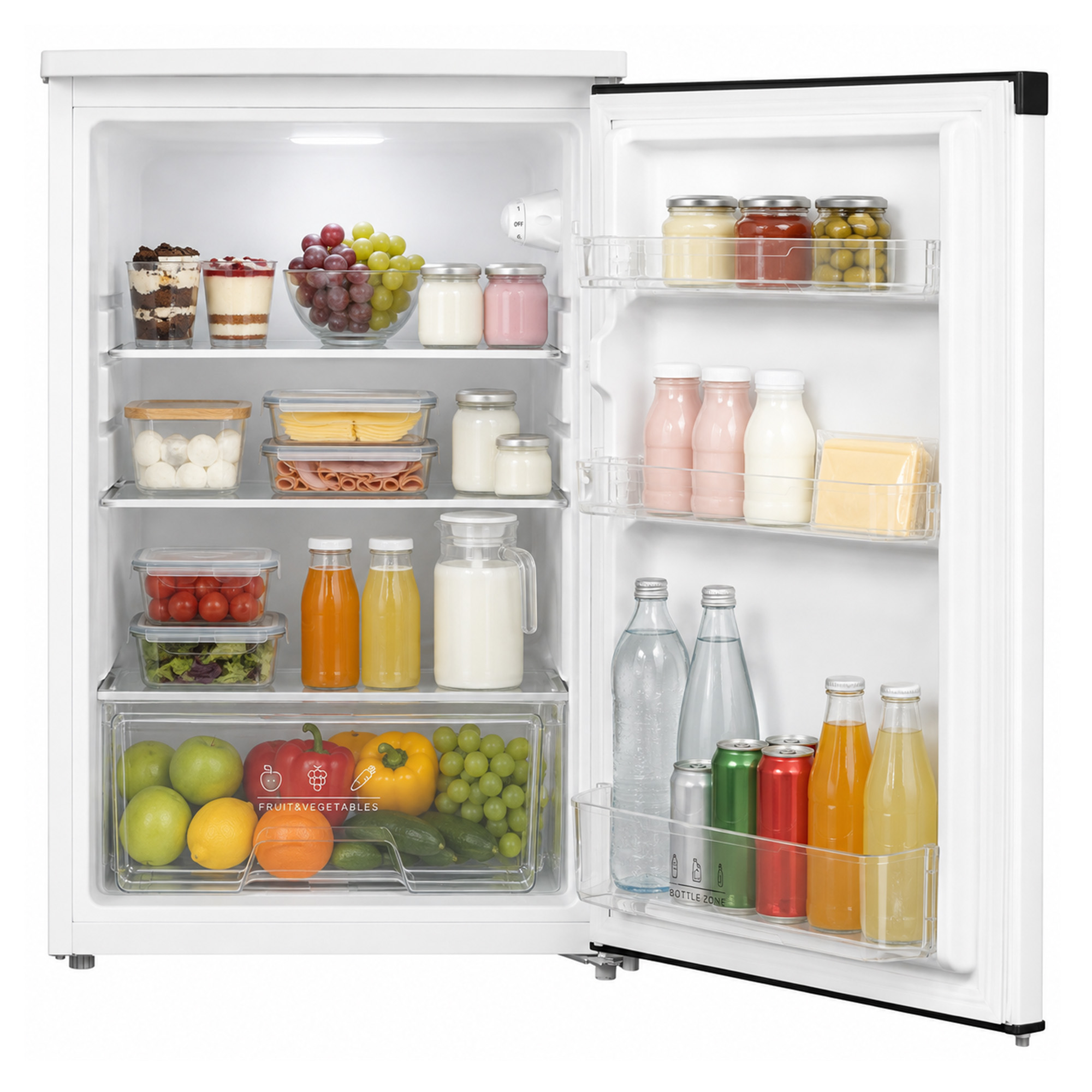 An open white refrigerator filled with fruits, vegetables, bottles, jars, and packaged food.