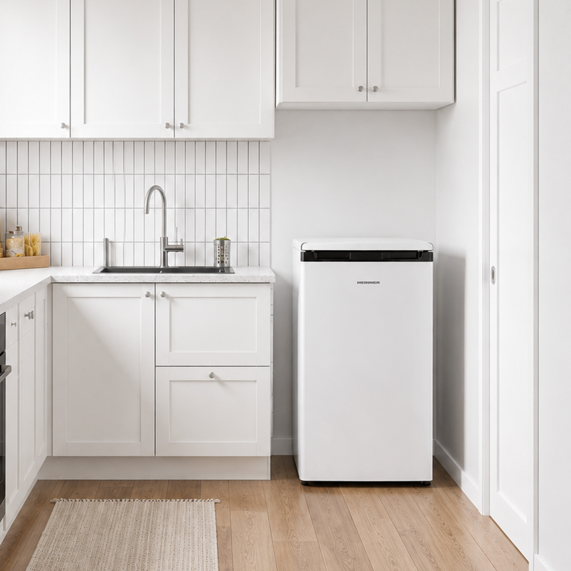 Modern white kitchen with cabinets, a sink, and a small refrigerator on a wooden floor.