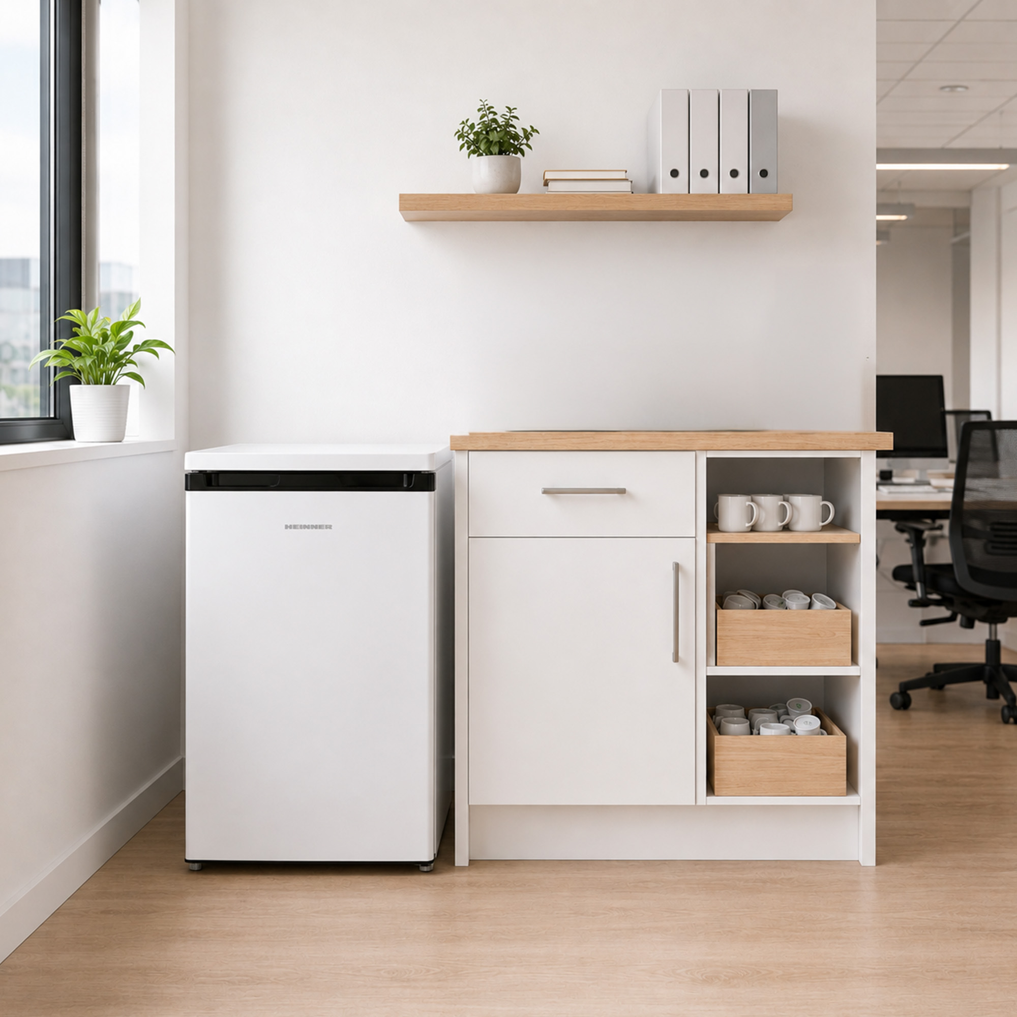 Small white refrigerator next to cabinets and shelves in a bright office.