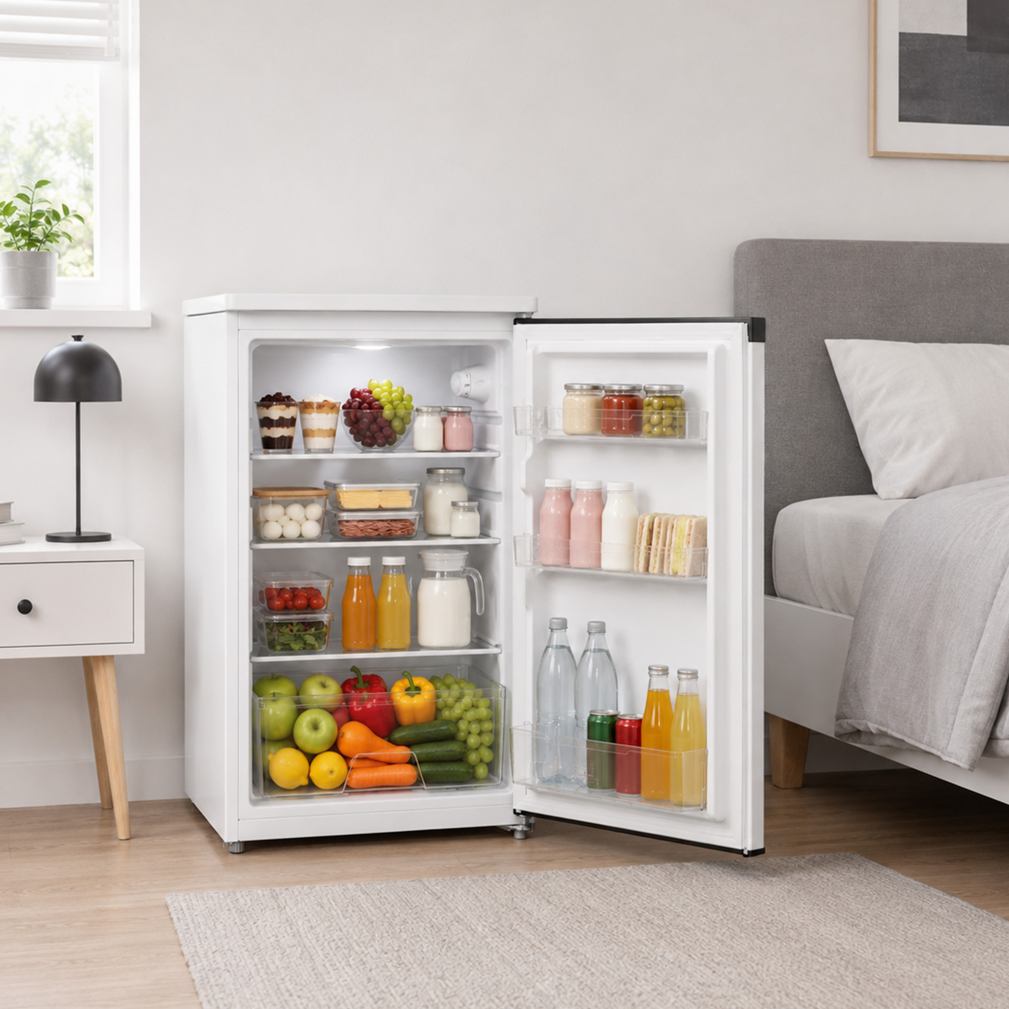 An open mini fridge filled with fruits, vegetables, and drinks stands next to a bed in a bright bedroom.