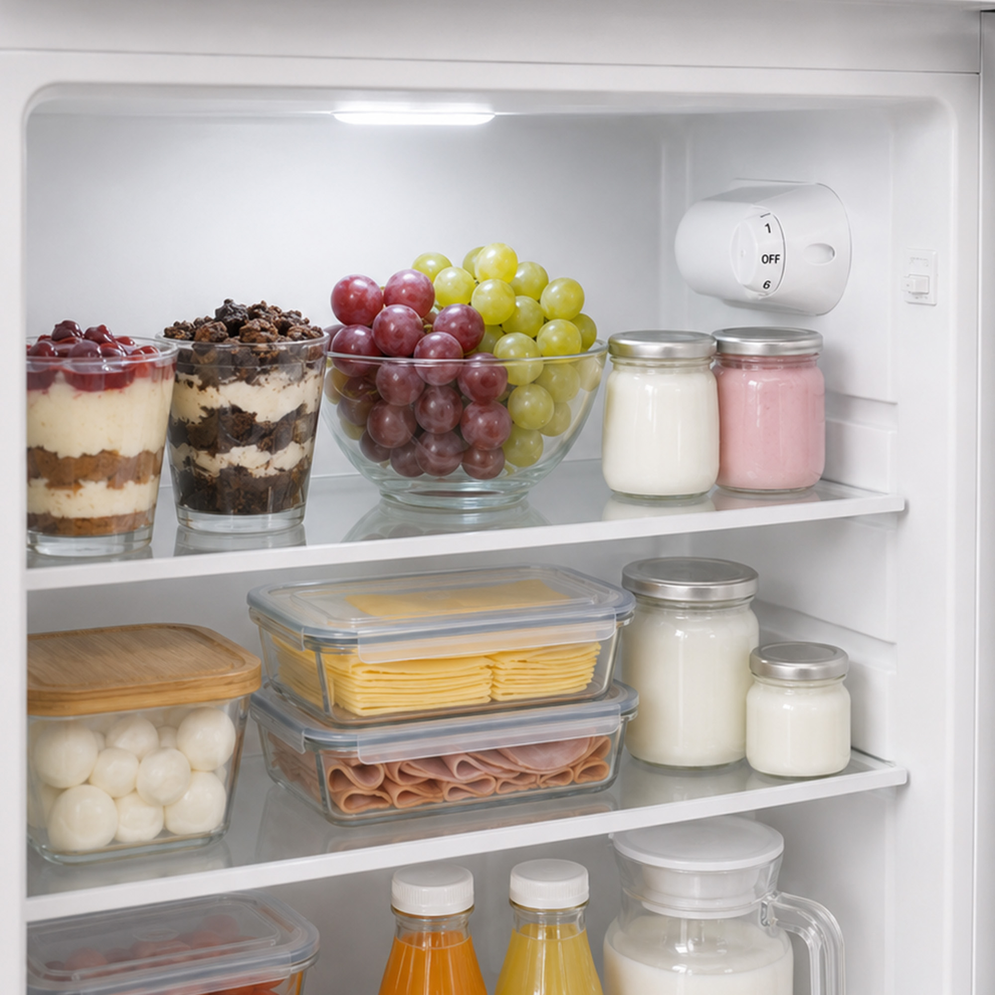 An open refrigerator filled with jars of fruit, yogurt, cheese, and beverages on glass shelves.