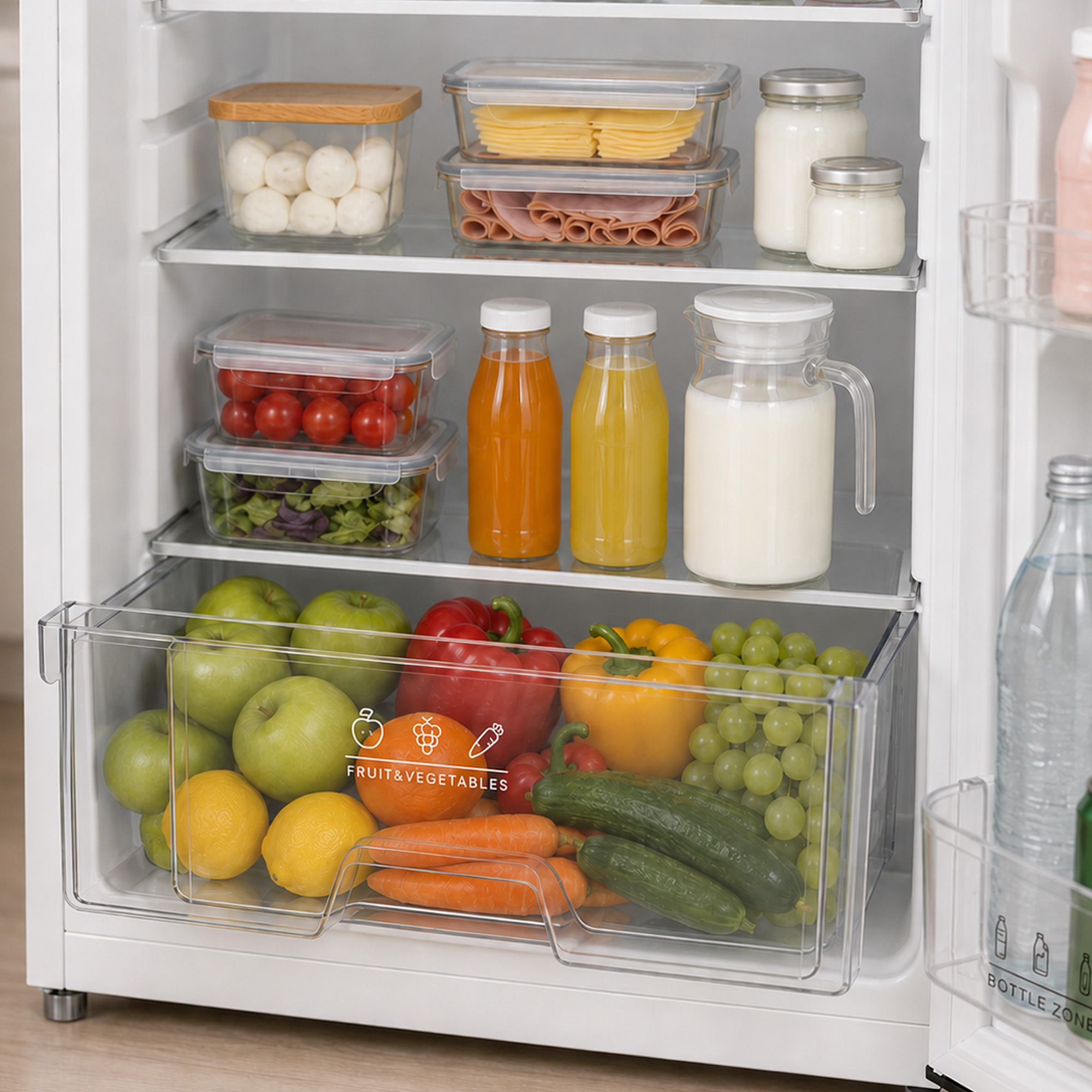 Well-stocked white refrigerator with fresh food, vegetables, fruits, and drinks in containers.