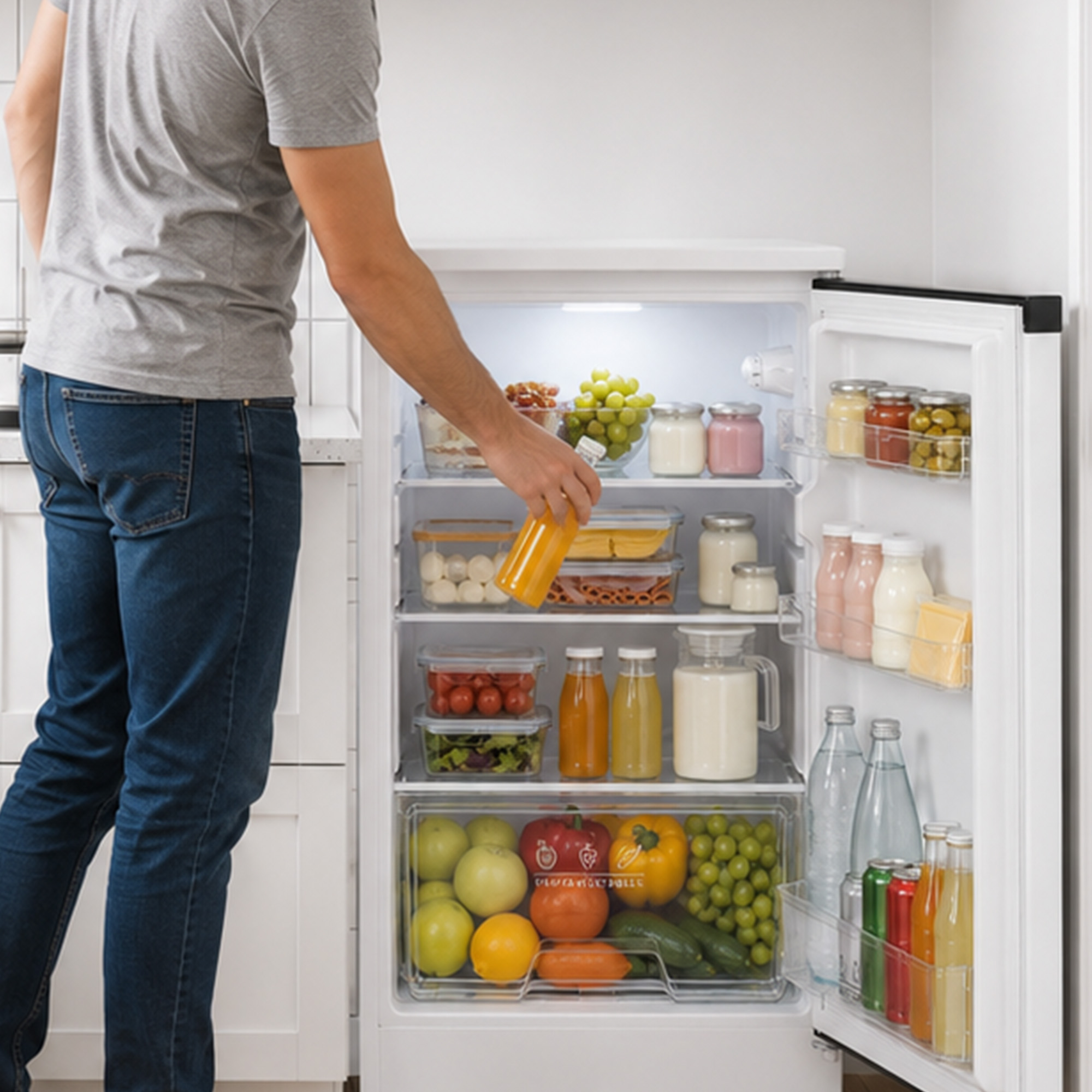 A man in a grey t-shirt reaches for a juice bottle inside a fully stocked white refrigerator.