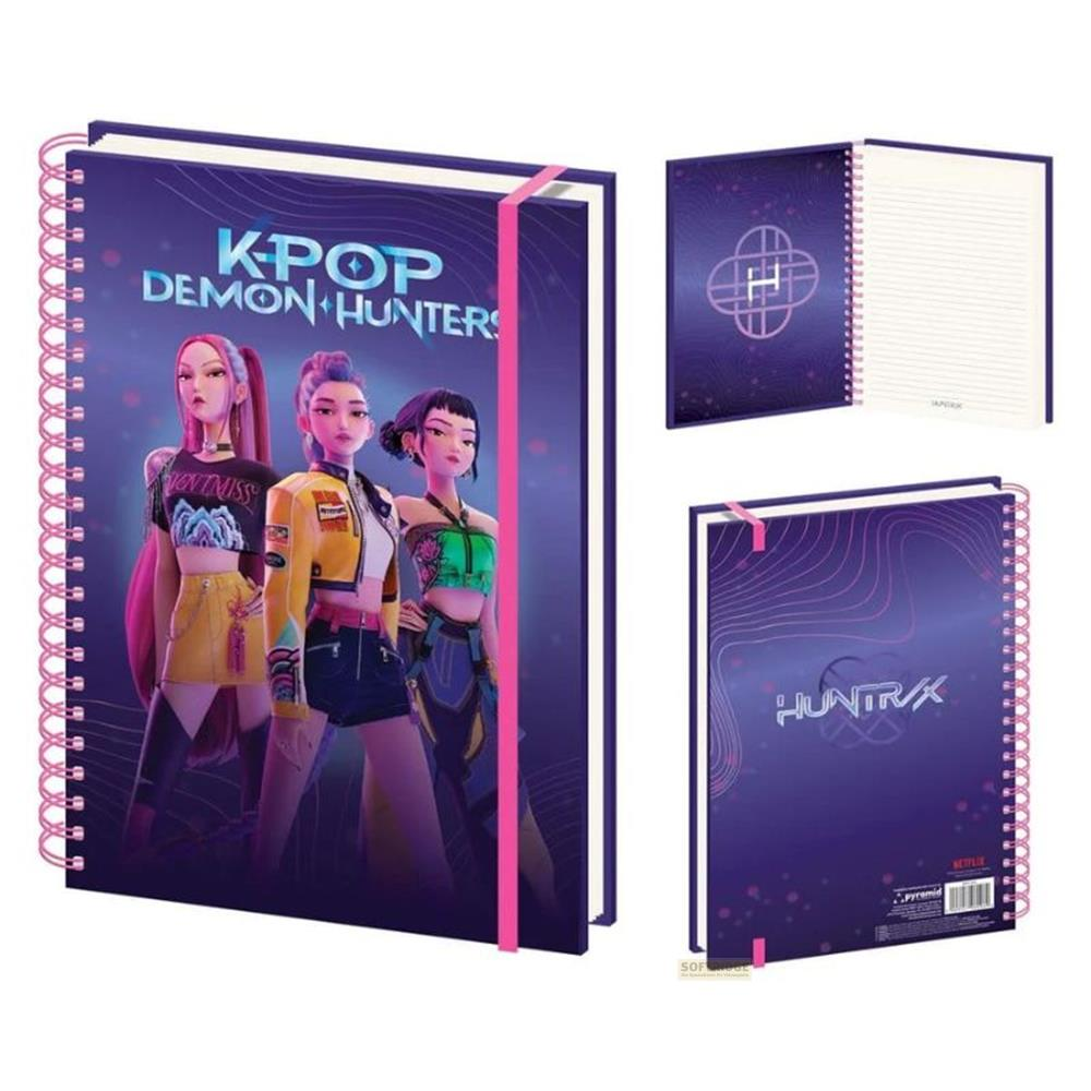 Spiralnotizbuch mit KPOP Demon Hunters-Charakteren auf dem violetten Cover und linierten Seiten.