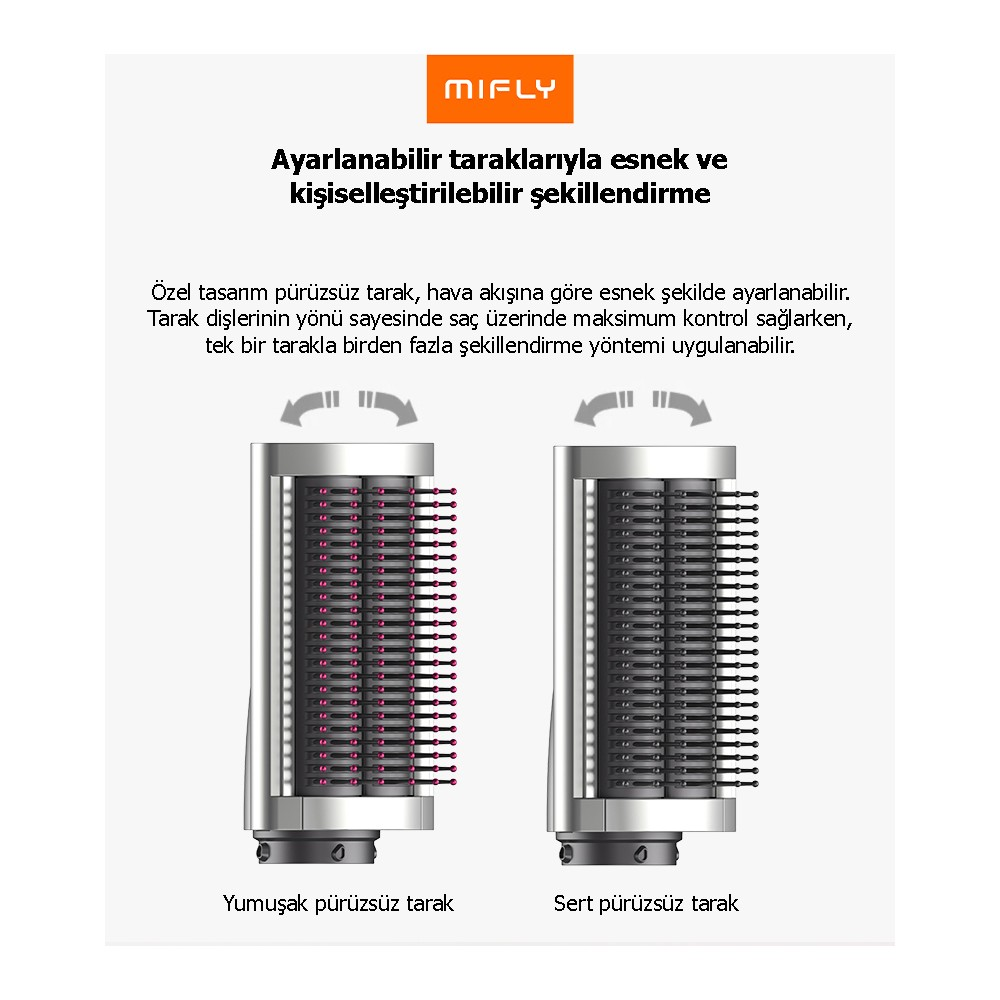 Yumuşak ve sert şekillendirme için ayarlanabilir fırçalara sahip iki saç kurutma makinesi başlığı.