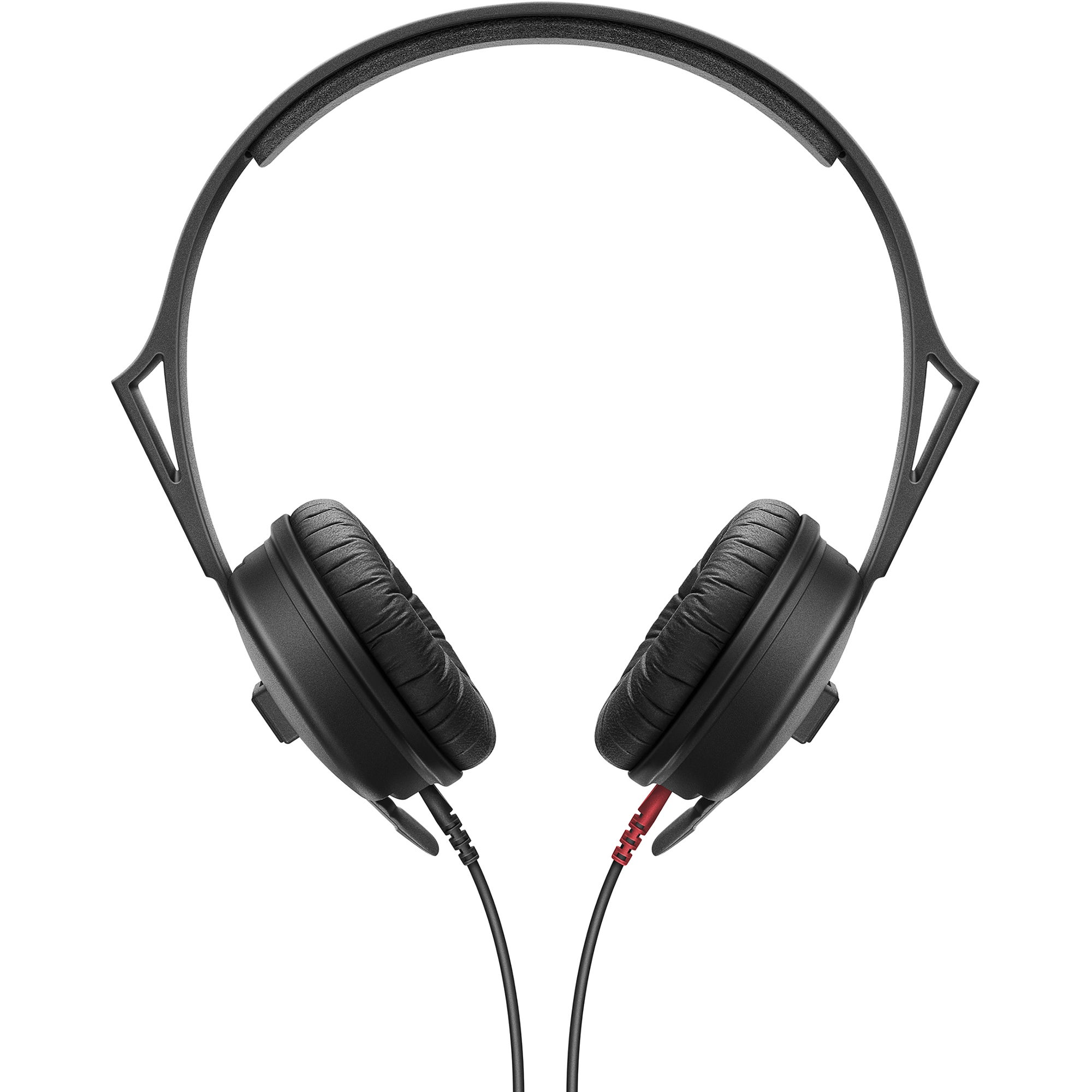 Schwarze On-Ear-Kopfhörer mit Kabelverbindung auf weißem Hintergrund.
