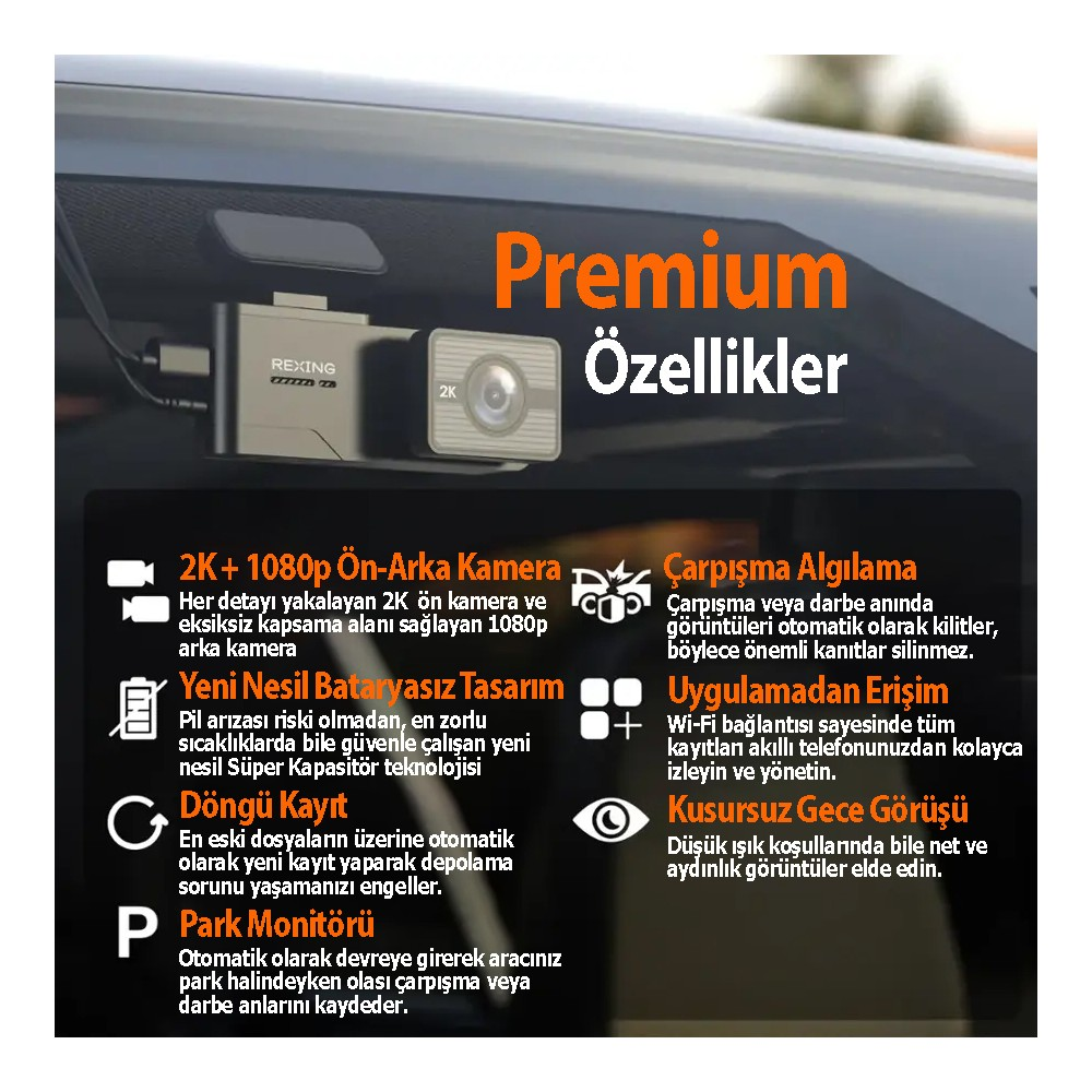 Araç ön camına monte edilmiş Rexing araç kamerası ve Türkçe özellik açıklamaları.