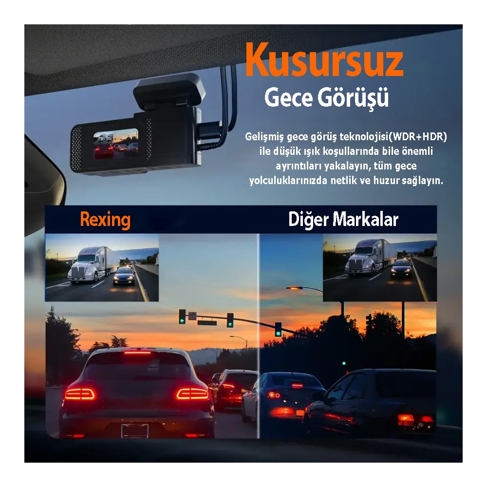 Ön cama monte edilmiş araç kamerası, net gece görüşünü diğer markalarla karşılaştırıyor.