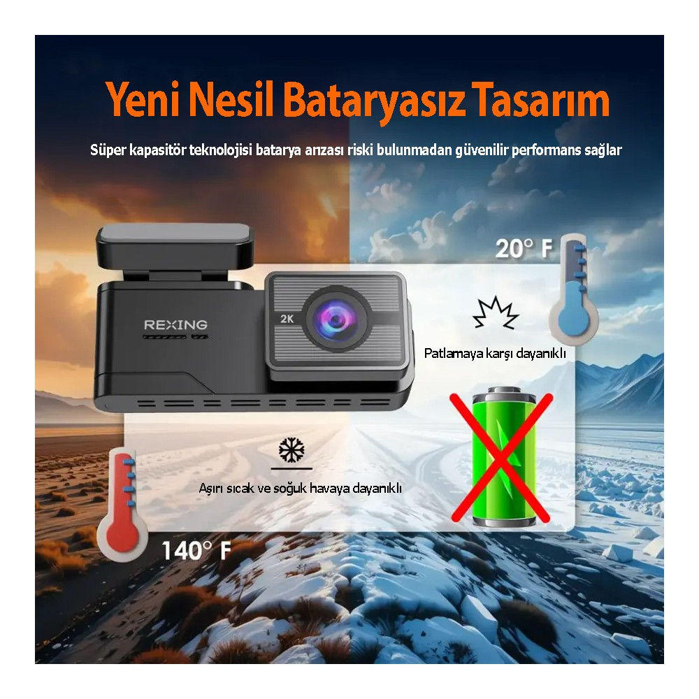 Aşırı sıcaklıklara dayanıklı pilsiz tasarımı öne çıkaran bir Rexing araç kamerası reklamı.
