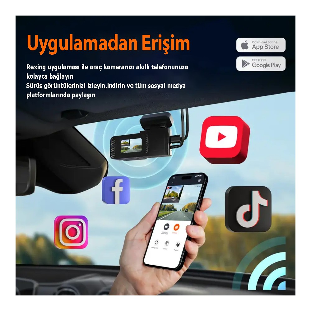 Araç içi kamerası akıllı telefon uygulamasına bağlı ve sosyal medya simgeleriyle çevrili.
