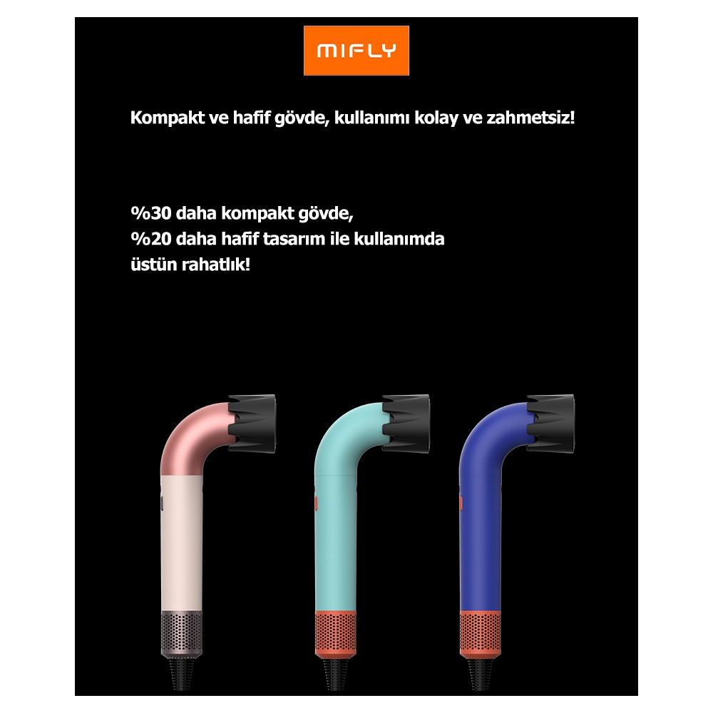 Siyah arka planda pembe, mint yeşili ve koyu mavi renkli üç kompakt L şeklinde saç kurutma makinesi gösteren bir Mifly reklamı.